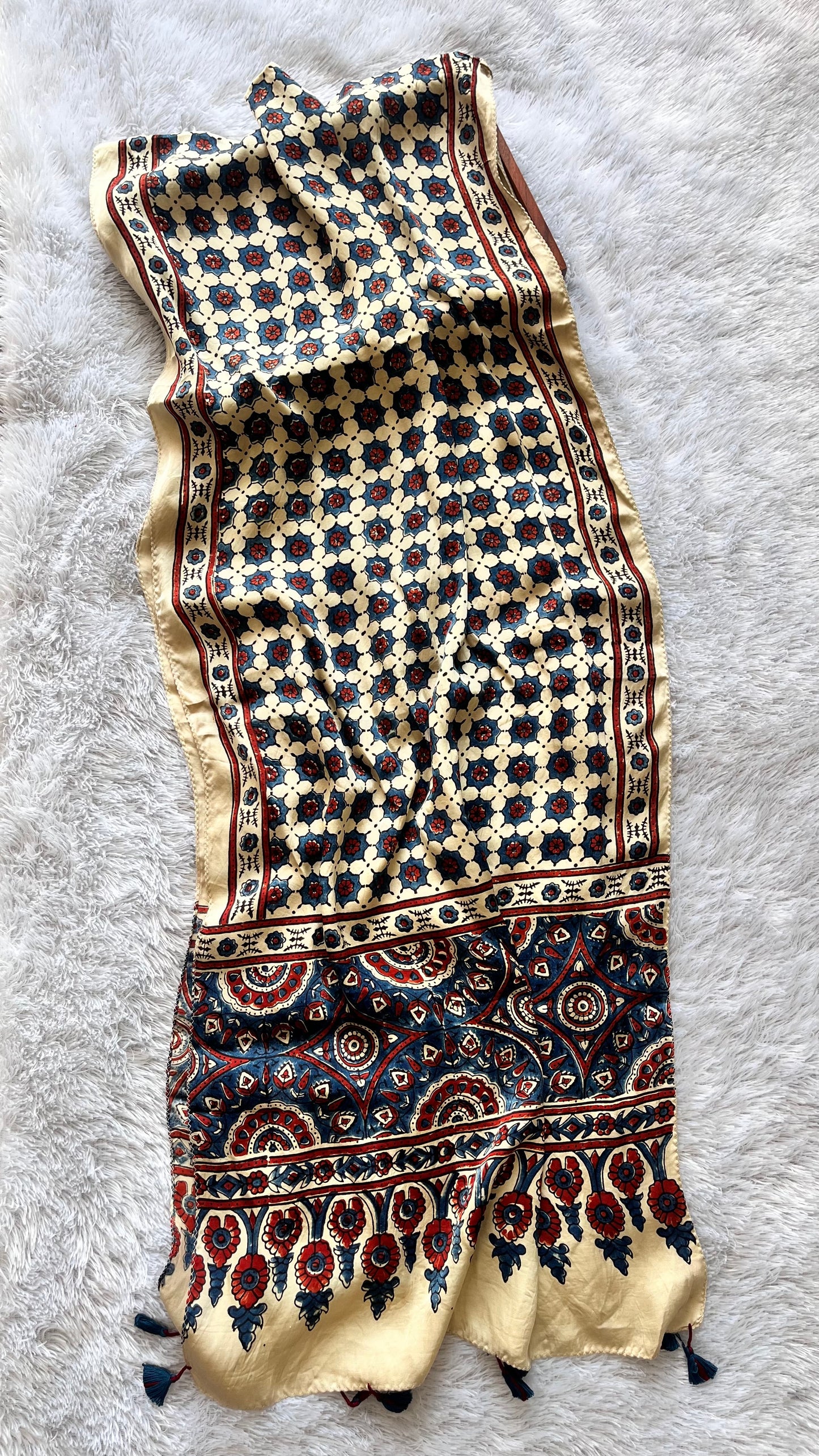 Off White Choti Booti Motif Ajrakh Hand Block Print Modal Silk Stole with Tassels