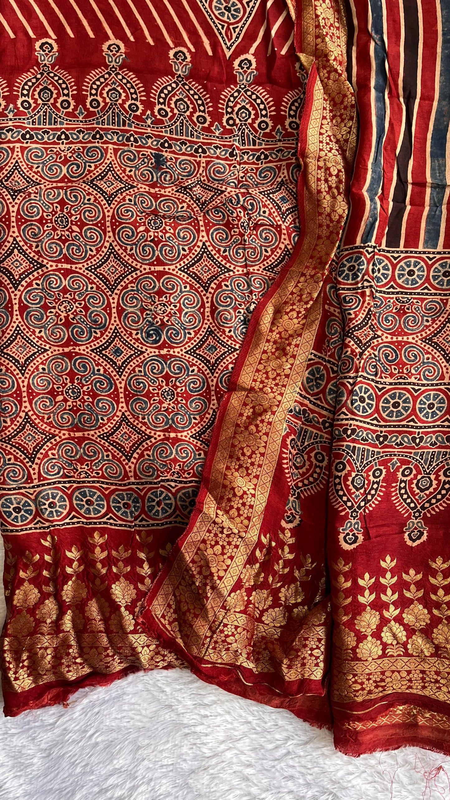 Deep Red Stipe Buti Print Ajrakh Dola Silk Hand Block Print 2 pc Suit Material Set with Nakkashi Border
