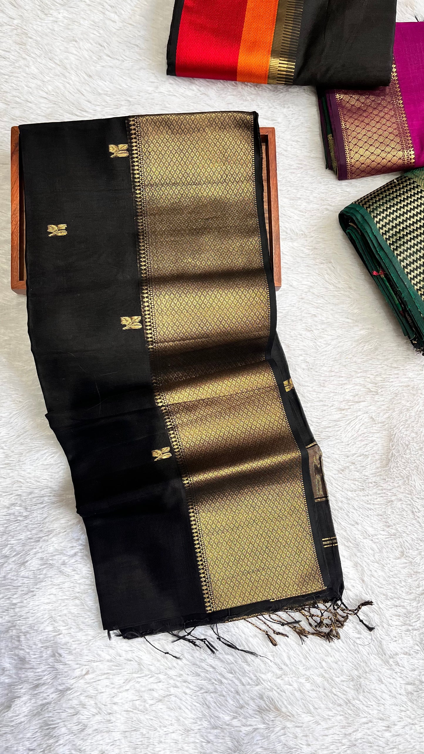 Alluring Black Small Butti Pure Maheshwari Silk Cotton Saree with Gold Zari Border