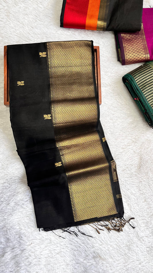 Alluring Black Small Butti Pure Maheshwari Silk Cotton Saree with Gold Zari Border