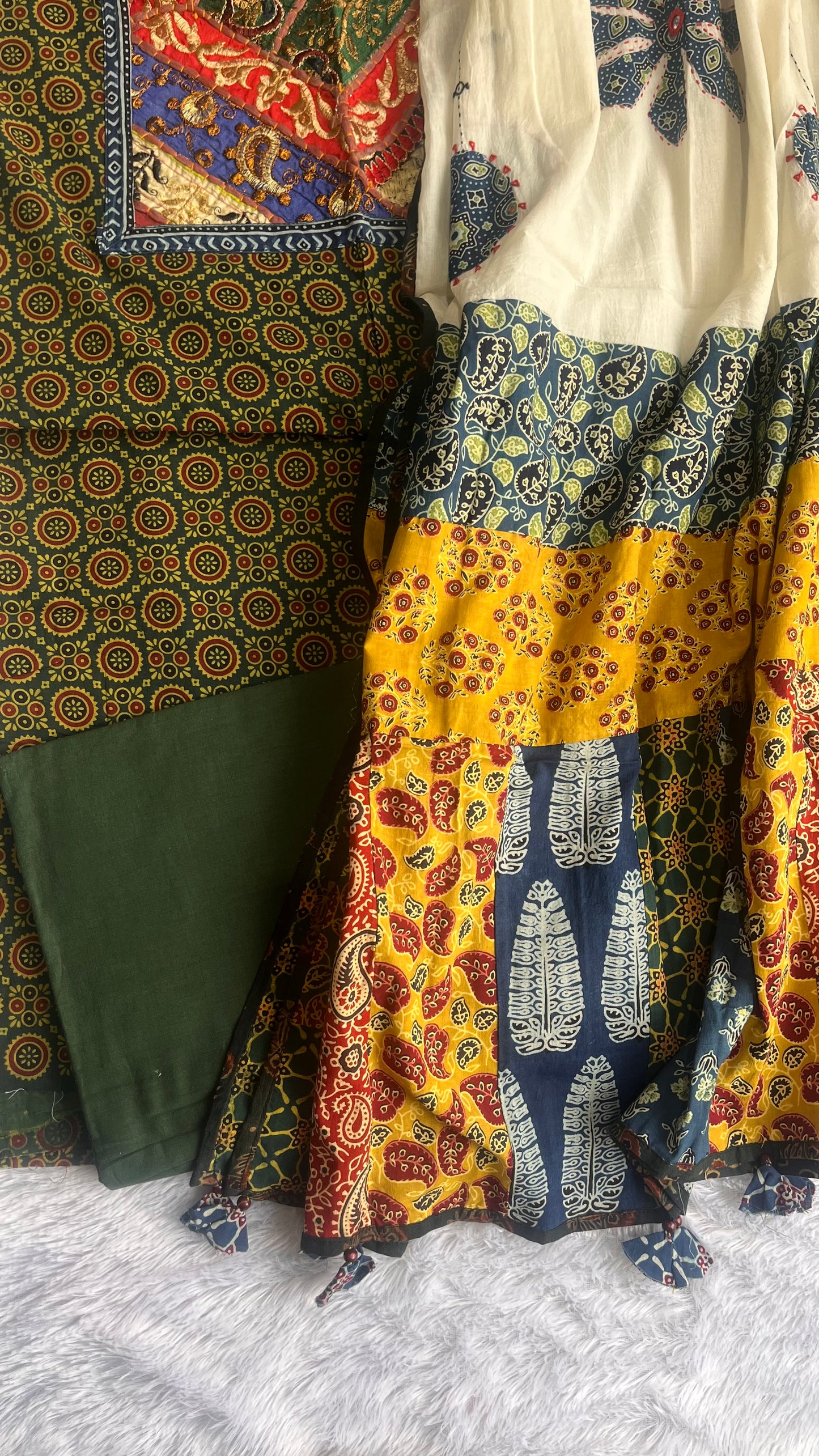 Green and Off White Ajrakh Unstitched Suit Set with Multicolour Ajrakh Applique Patchwork Cotton Dupatta