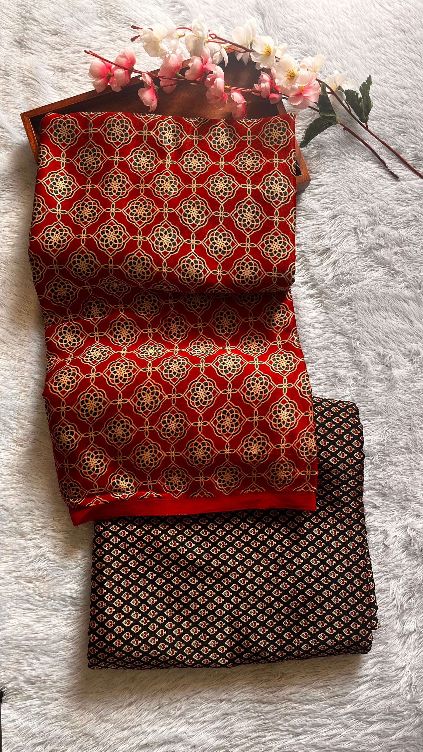 Red and Black Jaal Motif and Asopallav Ajrakh Mashru Silk Kurta Pant Fabric