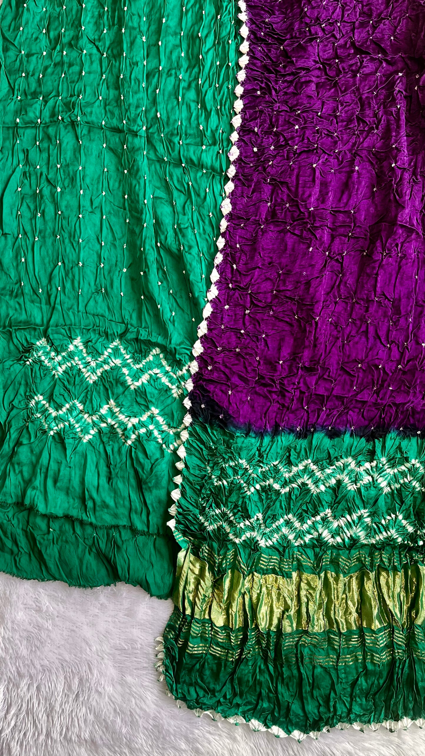 Rama Green and Purple Bandhej Natural Dyed Hand Block Print 2pc Suit Material Set with Lagdi Patti Dupatta