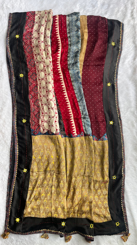 Multicolour Ajrakh Applique Work Modal Silk Dupatta with Mirror work and Tassels