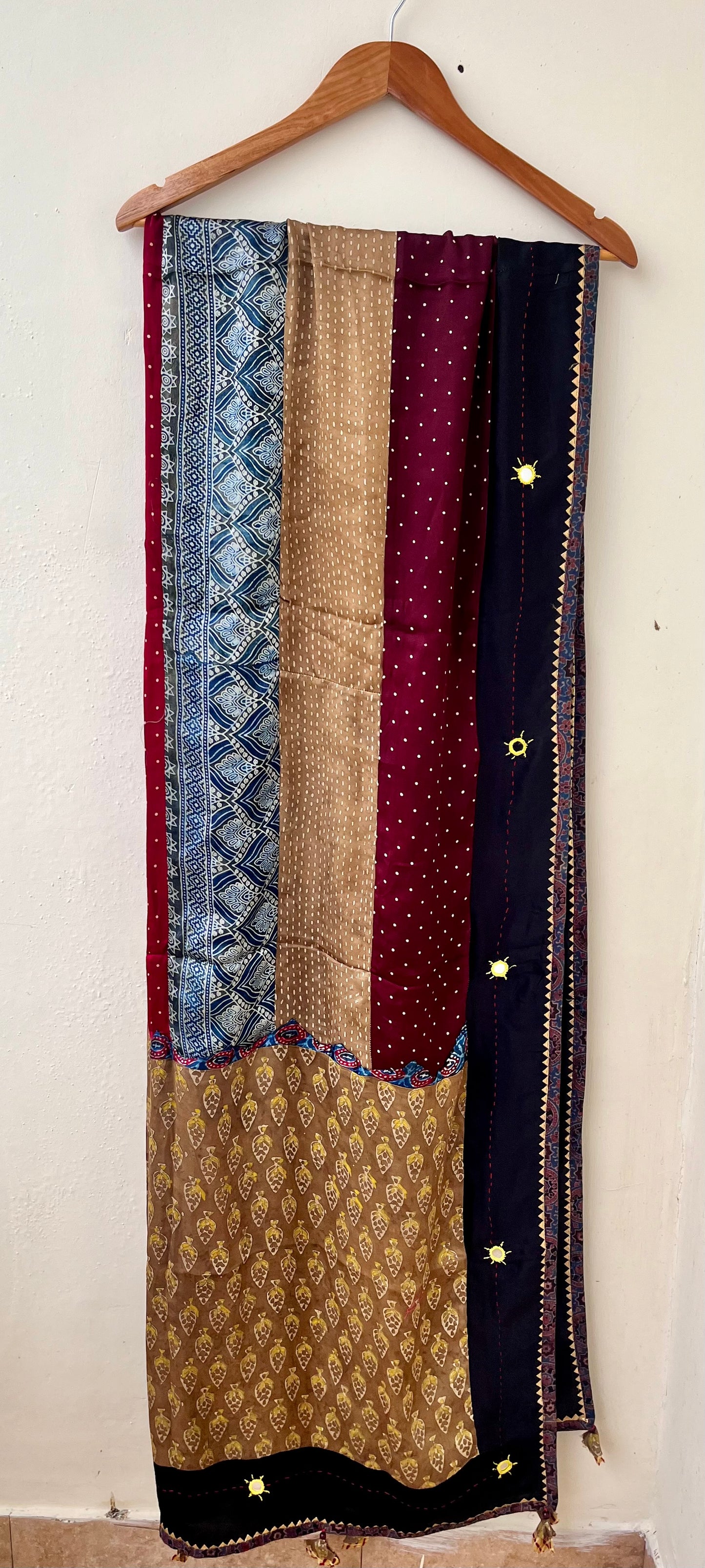 Multicolour Ajrakh Applique Work Modal Silk Dupatta with Mirror work and Tassels