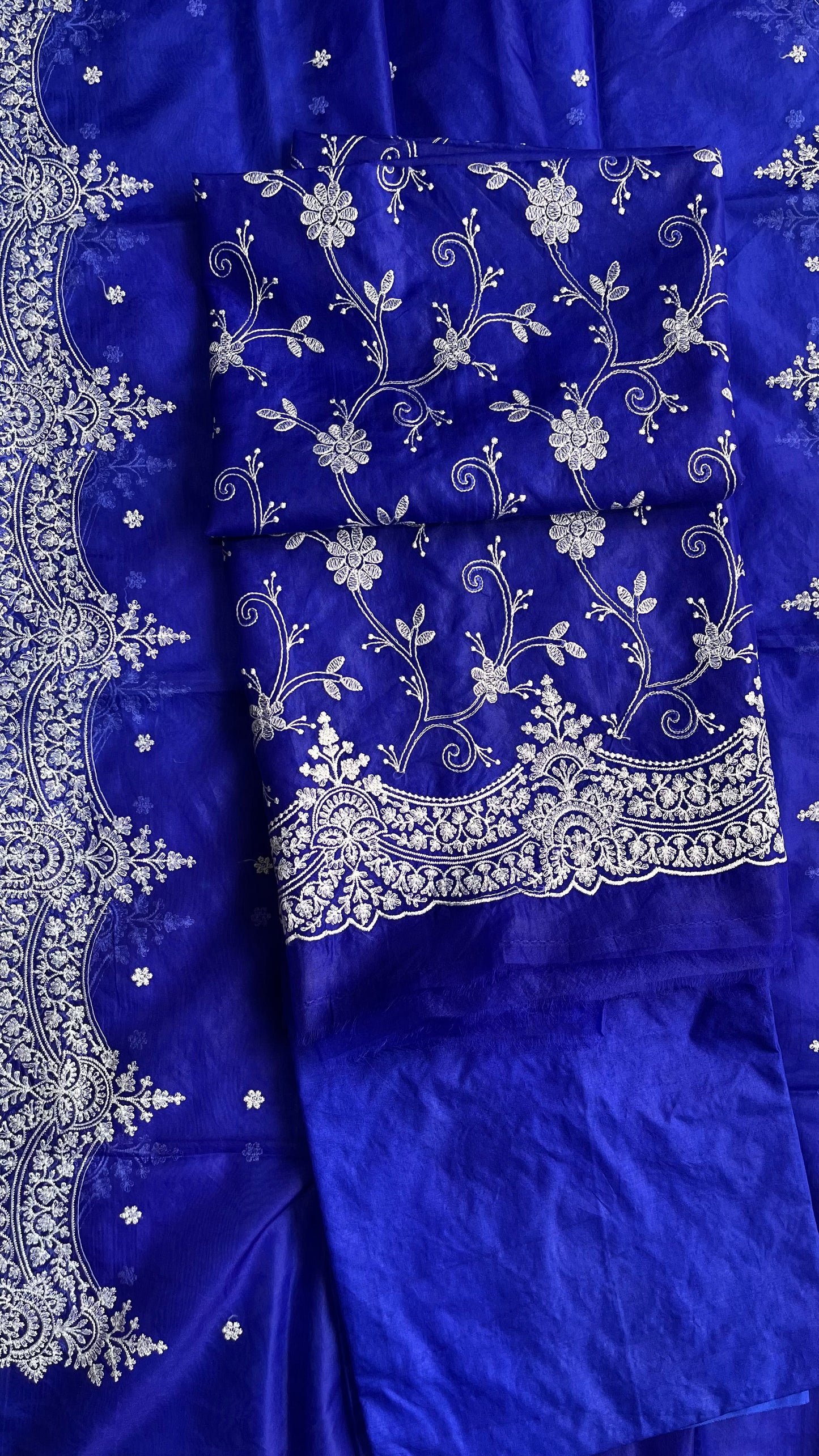 Navy Blue Banarasi Tissue Silk 3-Piece Suit with Threadwork & Organza Dupatta