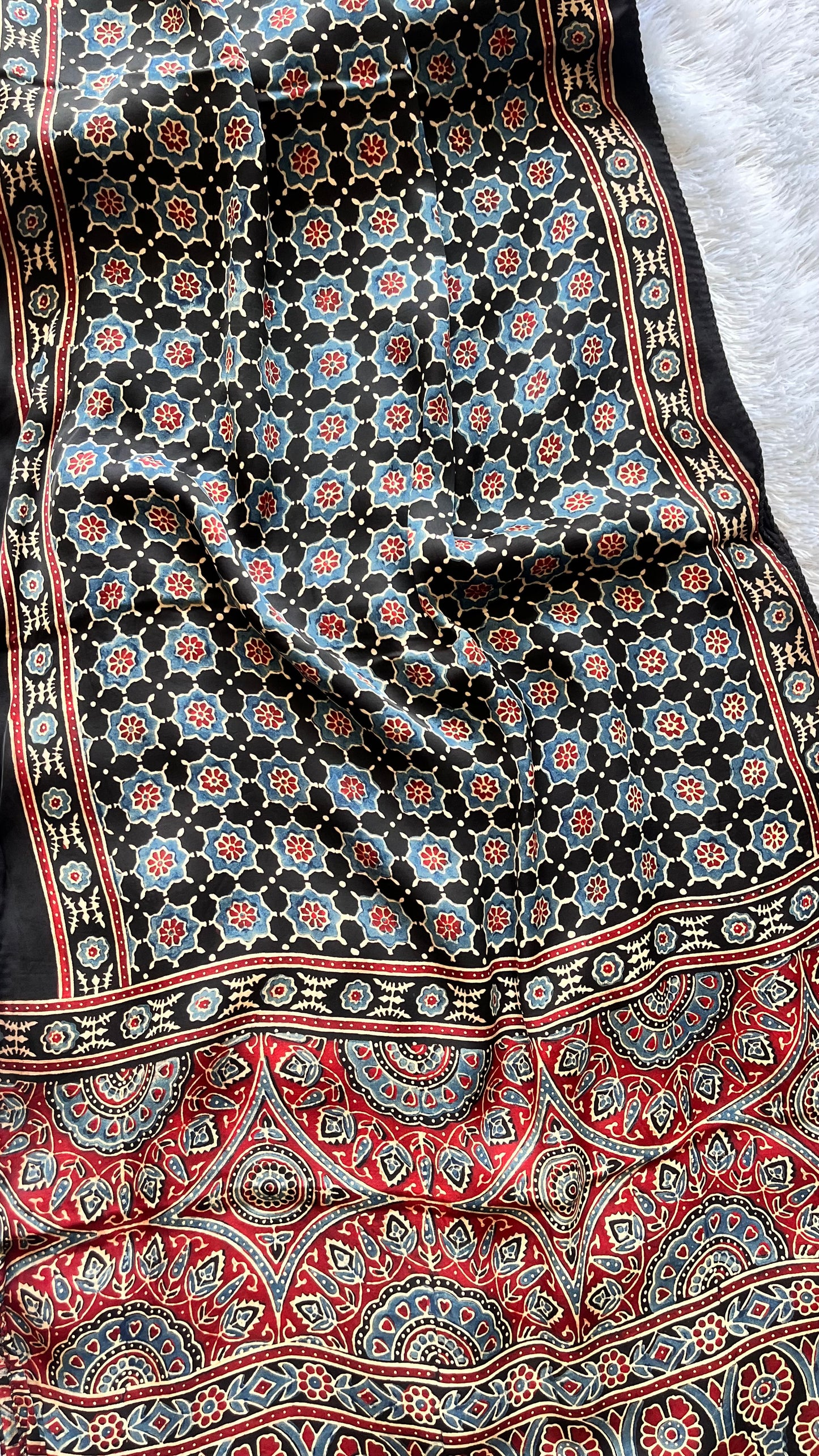 Black Small Booti Ajrakh Hand Block Print Modal Silk Stole with Tassels