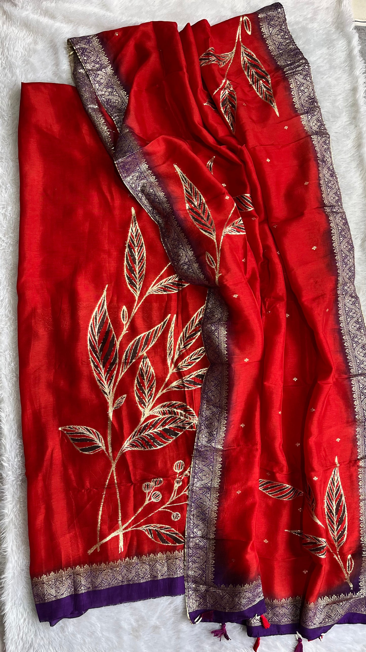 Ruby Red Dola Silk Hand Brush Print 2pc Suit Material Set with Zari Pallu and Full Finish with Tassels