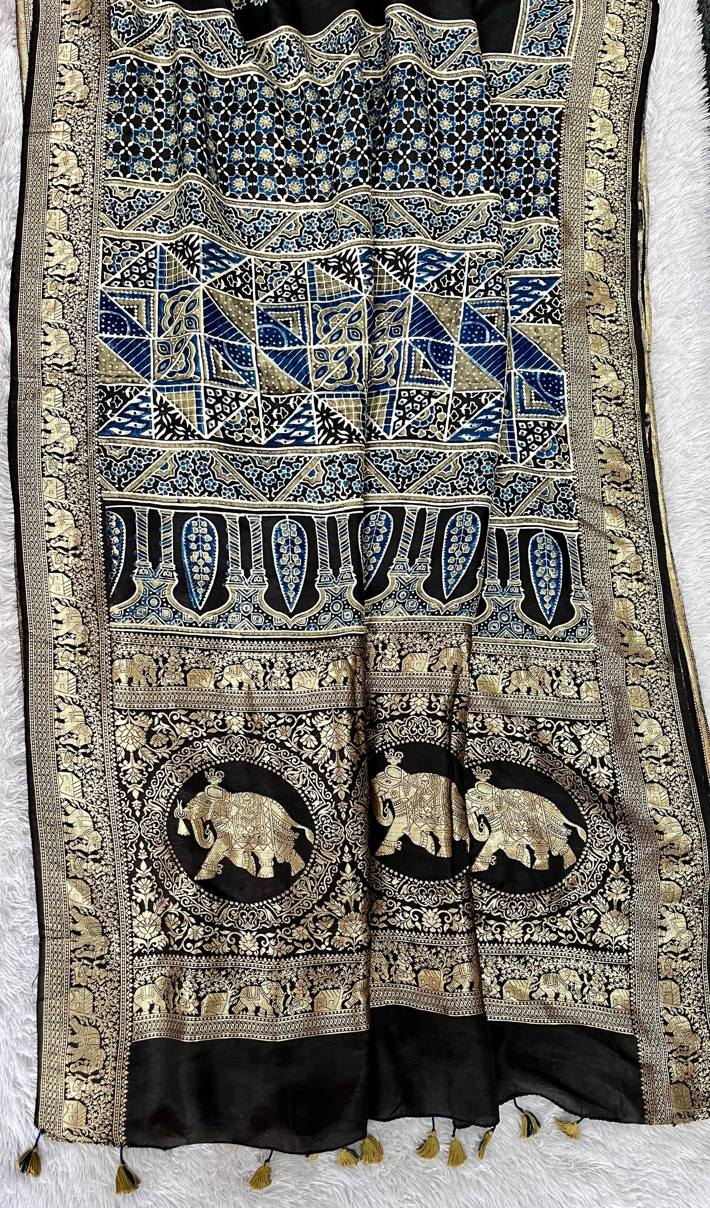 Black Mugal Buta Motif Ajrakh Hand Block Dola Silk Saree with Zari Pallu (With Blouse)