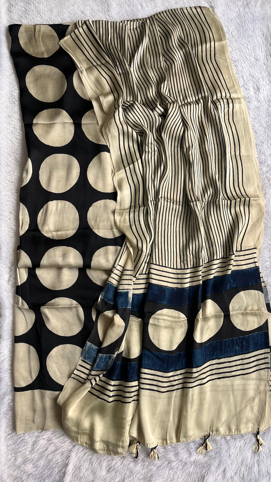 Boardroom Black and White Polka Motif Modal Silk Hand Block Print 2pc Suit Material Set