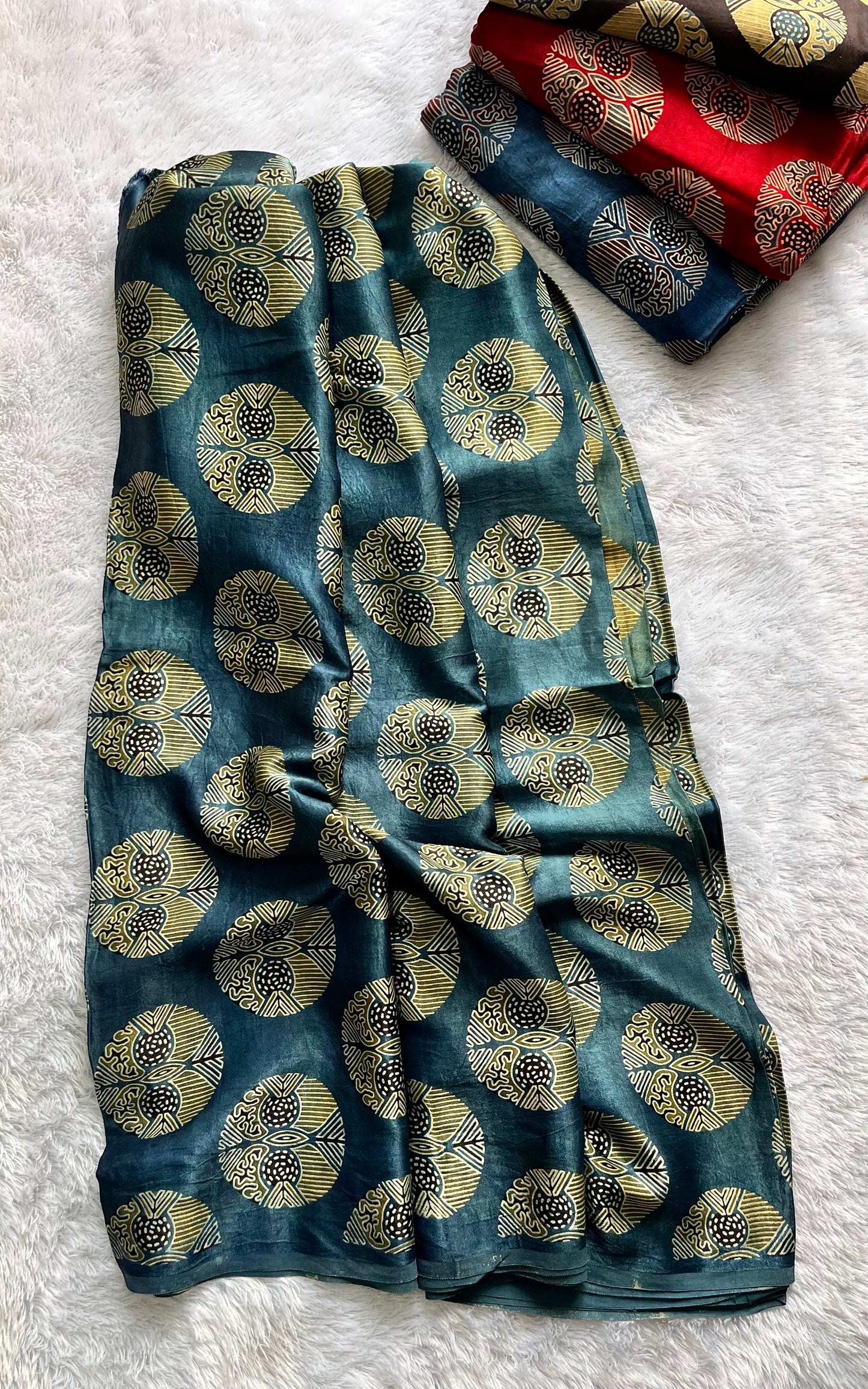 Indigo Circle Motif Ajrakh Mashru Silk fabric