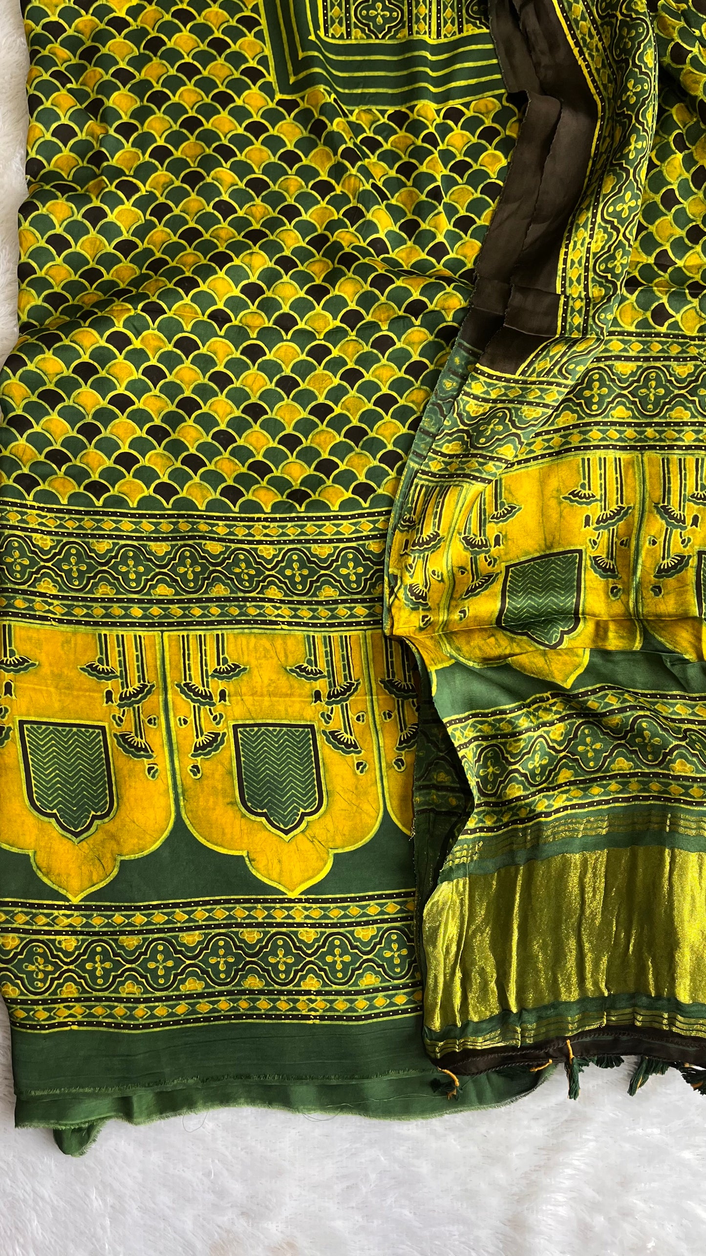 Deep Green and Yellow Mugal Buta Motif Modal Silk Ajrakh Hand Block Print 2pc Suit Set with Modal Silk Lagdi Patti Dupatta