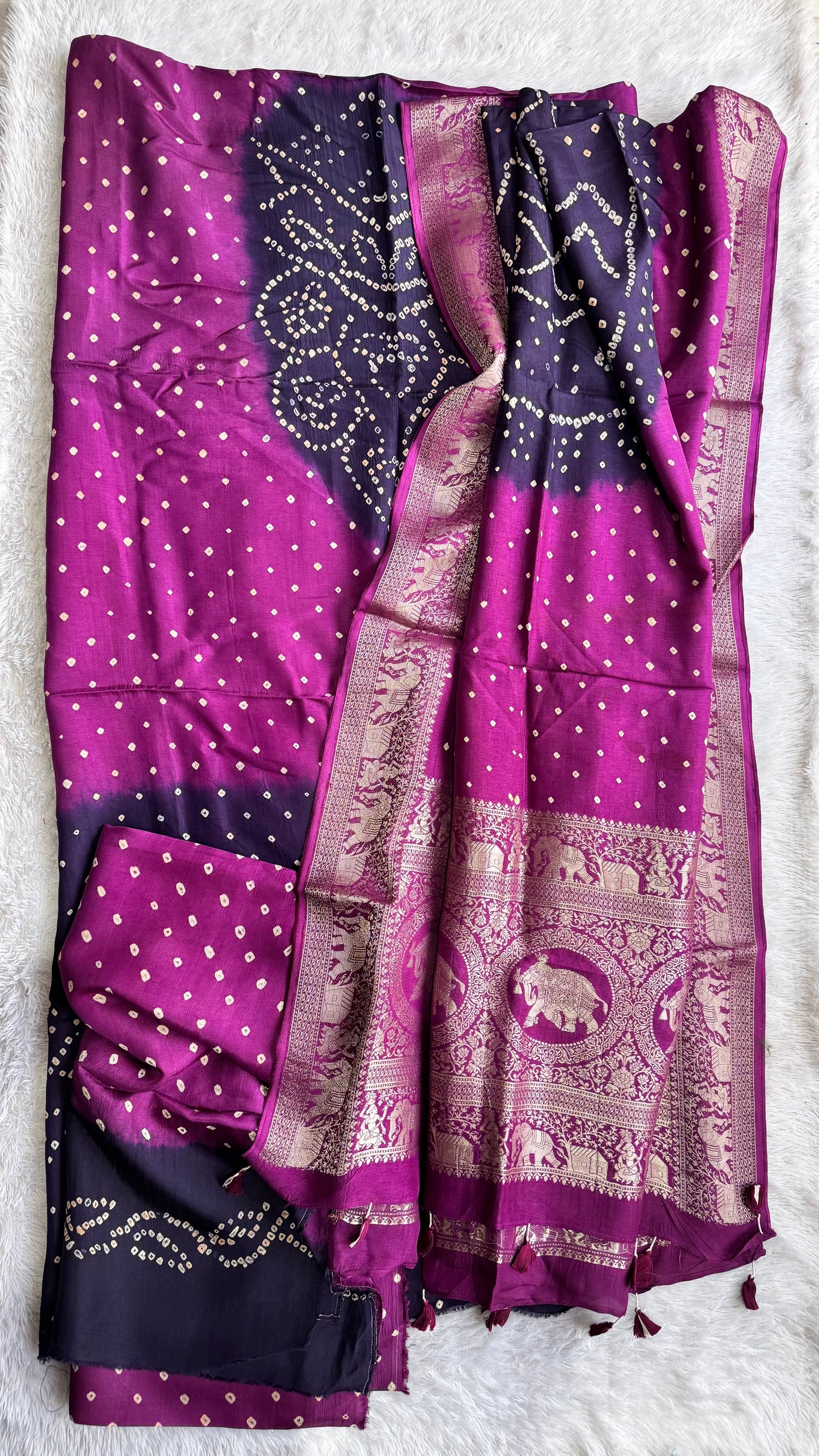 Dark Blue and Purple Bandhej Pure Dola Silk Ajrakh Hand Block Print 3 pc Suit Material Set with Menakari Yoke and Nakkashi Dupatta and Bottom