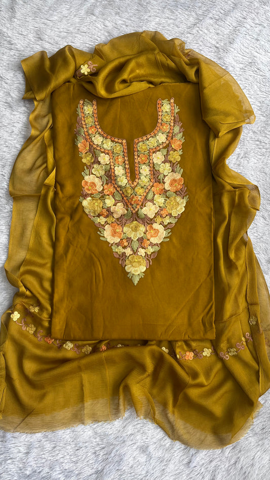 Mustard with Beige Work Muslin Cotton Kashmiri Aari Embroidered 3pc Suit Set