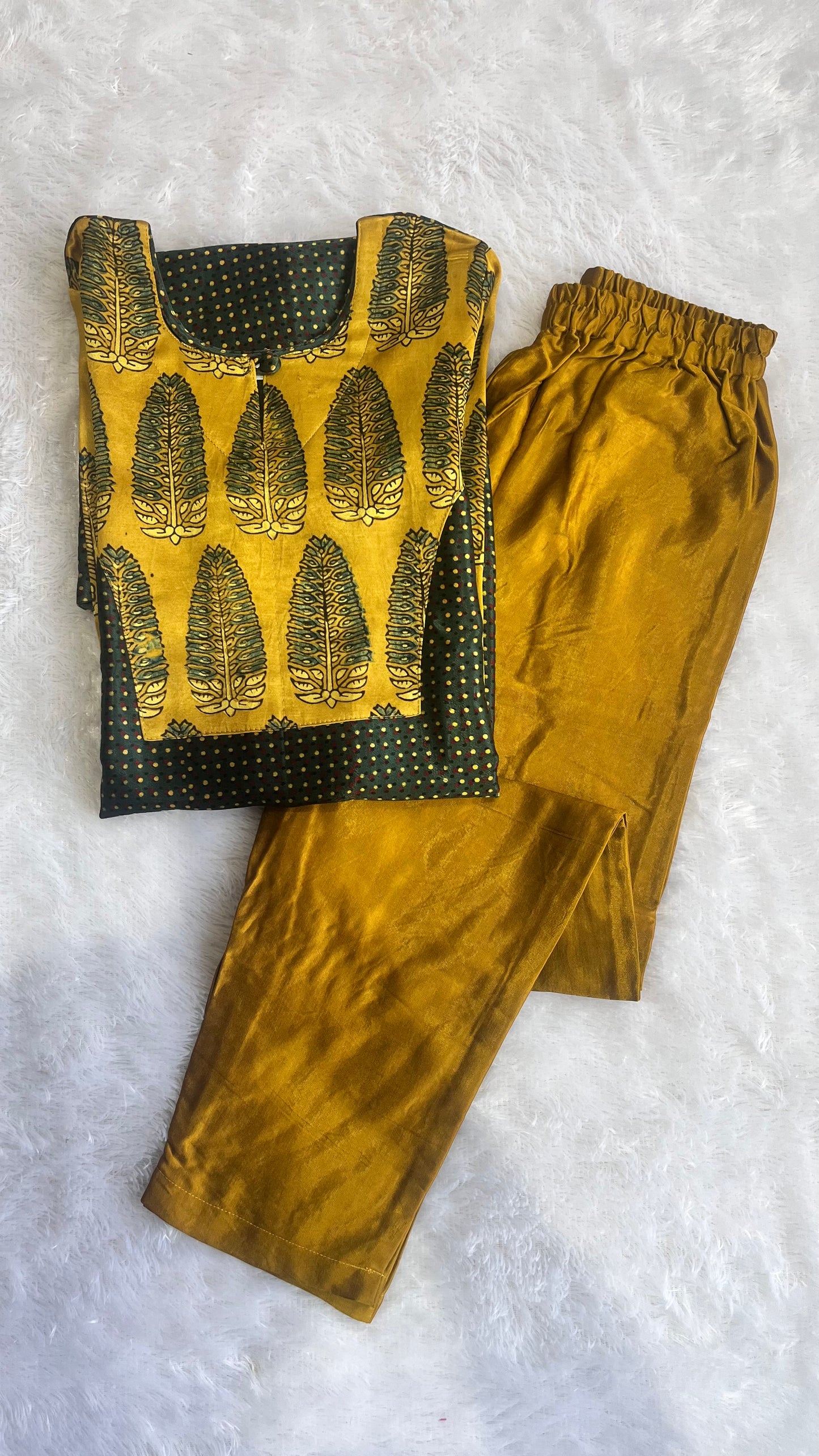 Green and Yellow Mashru Silk Ajrakh Hand Block Print Kurta Pant Set