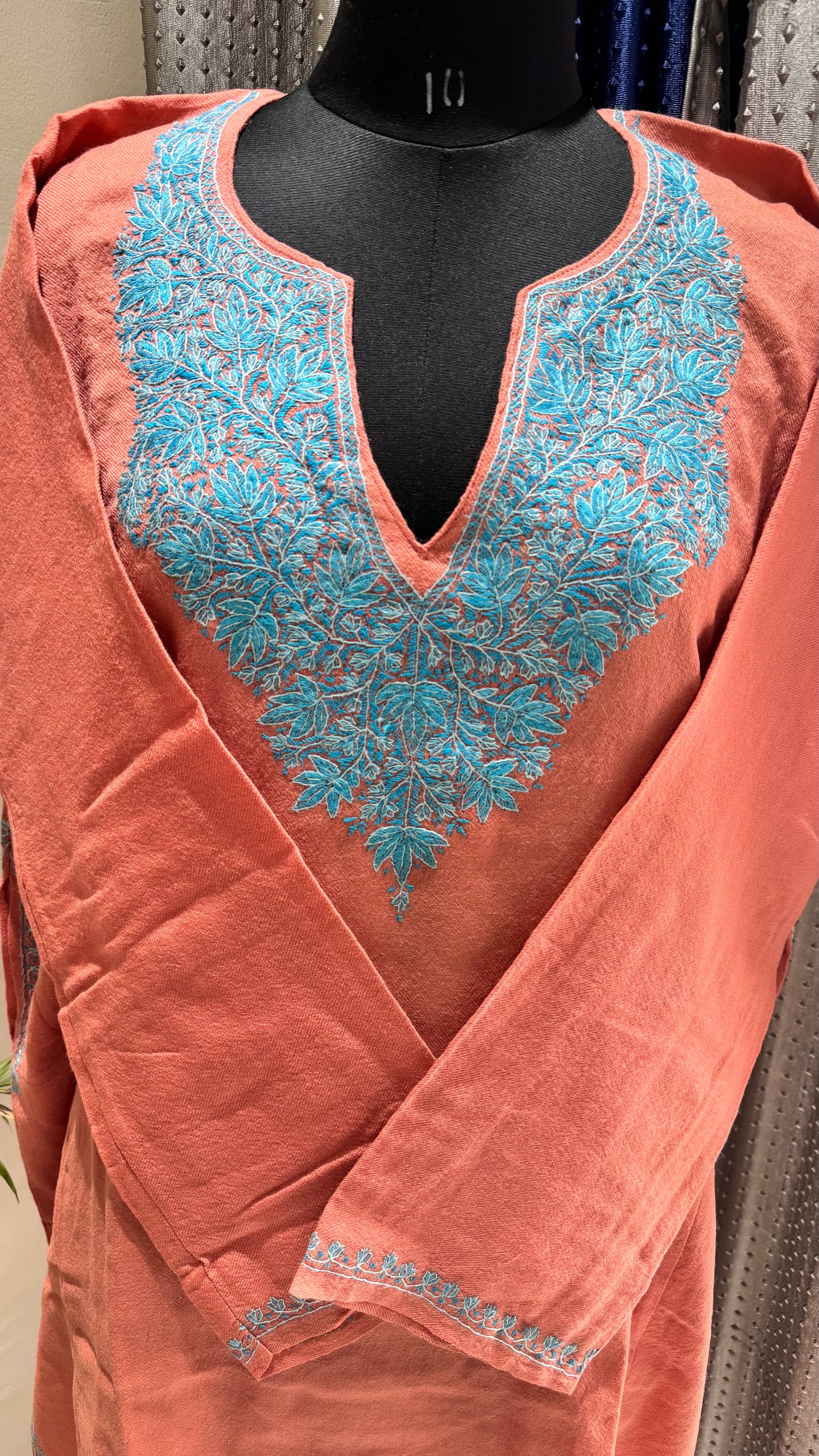 Peach and Blue Hand Embroidered Pure Marino Wool Kashmiri Pheran with Pockets and Hand Embroidered Sleeves (Size 54”)