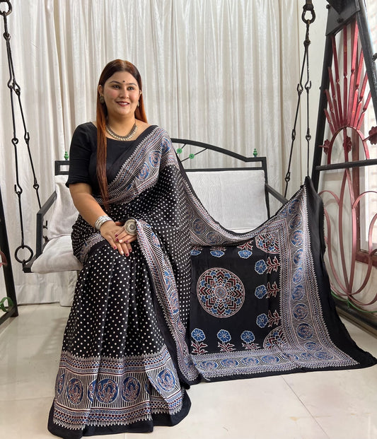 Black Polka Dotted Modal Silk Saree With Blouse