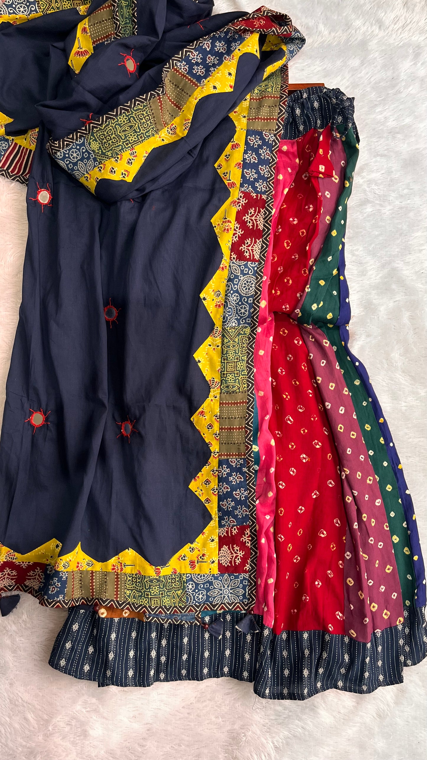 Multicolour Gherdaar Kali Cotton Long Flared Skirt with Blue Applique Patchwork Dupatta