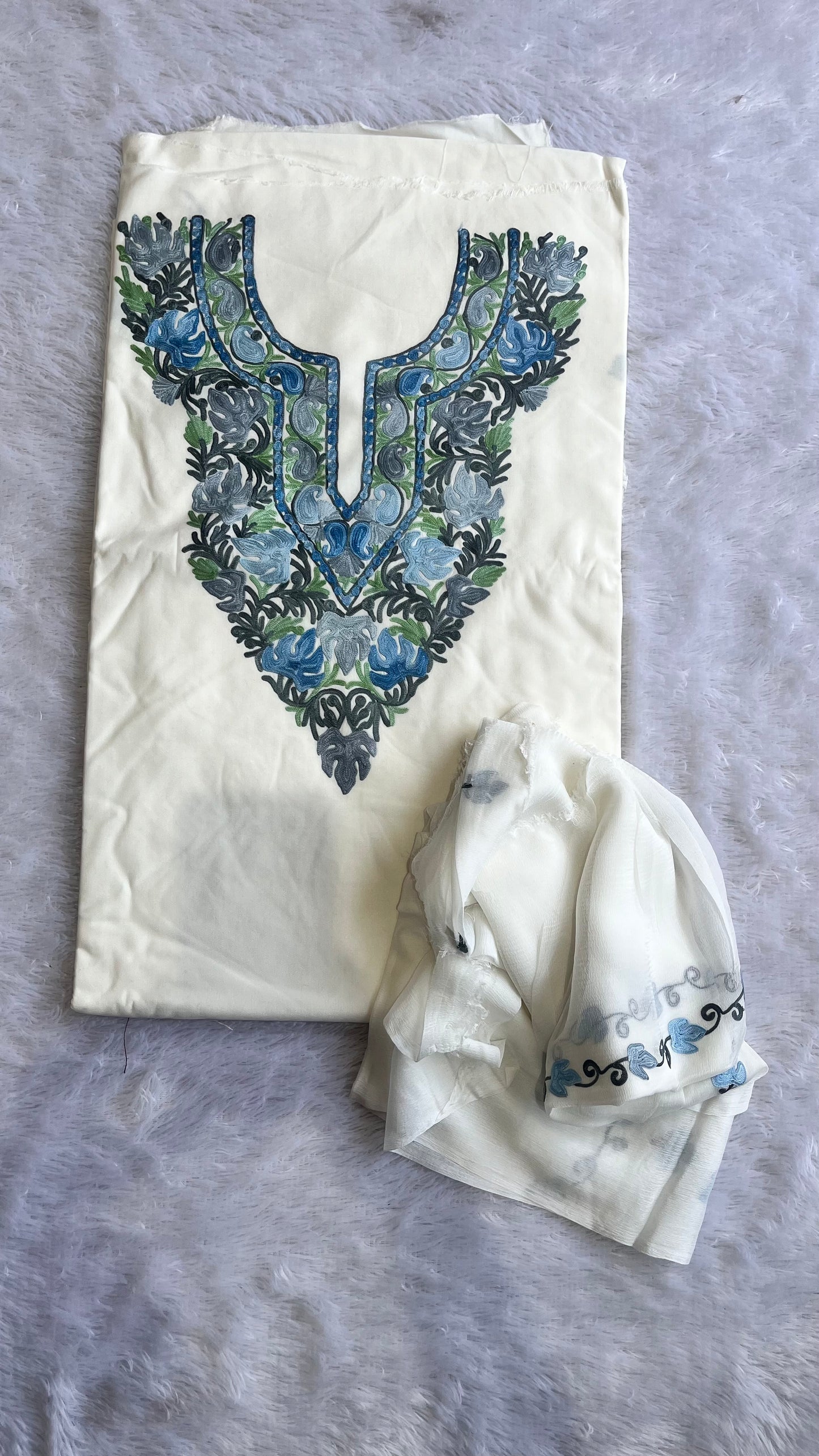Pristine White with Firozi Work Muslin Cotton Kashmiri Aari Embroidered 3pc Suit Set