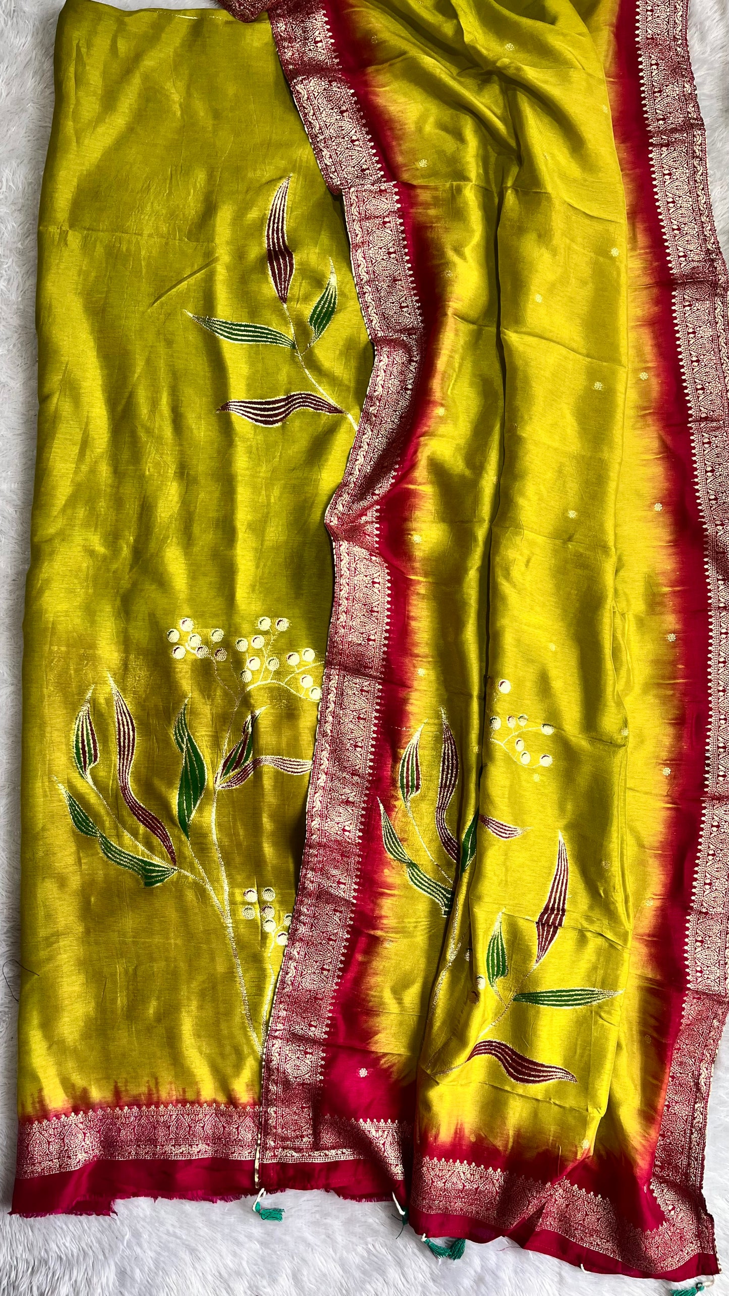 Envious Green Dola Silk Hand Brush Print 2pc Suit Material Set with Zari Pallu and Full Finish with Tassels