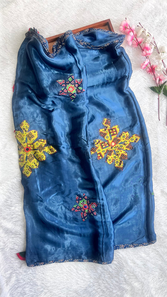 Navy Blue Floral Motif Modal Silk Applique work Dupatta