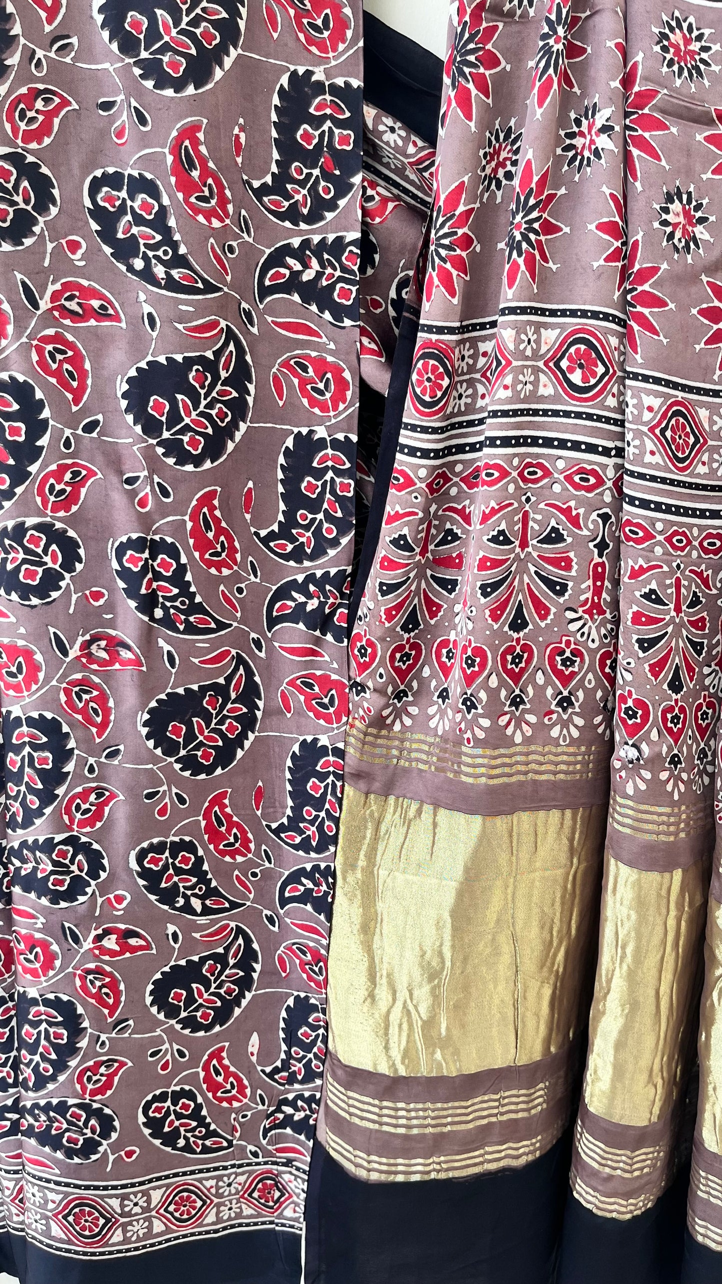 Rasin Shade Floral Booti Ajrakh Hand Block Natural Dye Modal Silk Lagdi Patti Saree With Blouse