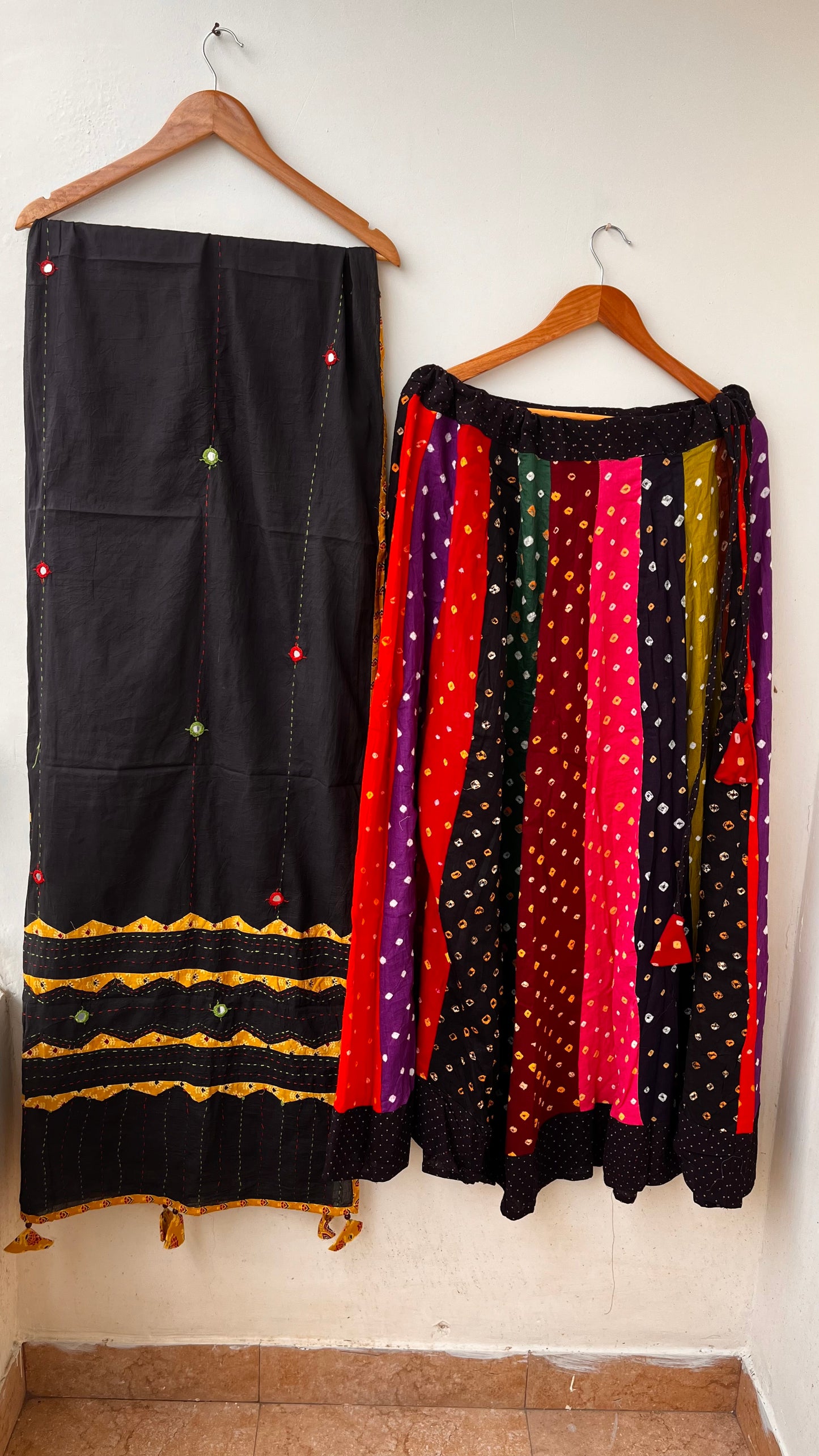 Multicolour Gherdaar Kali Cotton Long Flared Skirt with Black Applique Patchwork Dupatta