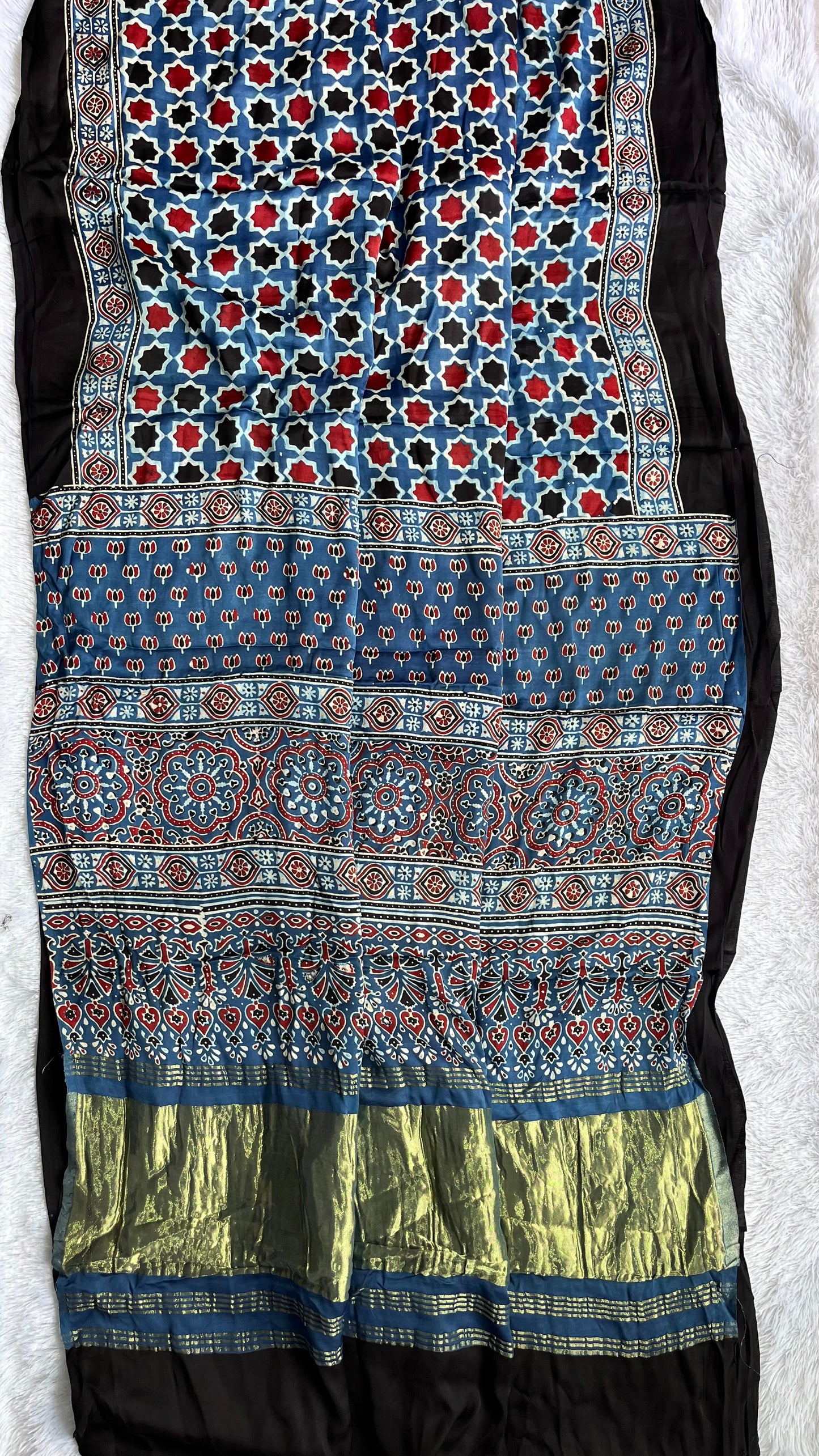 Blue Small Grid Motif Ajrakh Hand Block Natural Dye Modal Silk Lagdi Patti Saree With Blouse