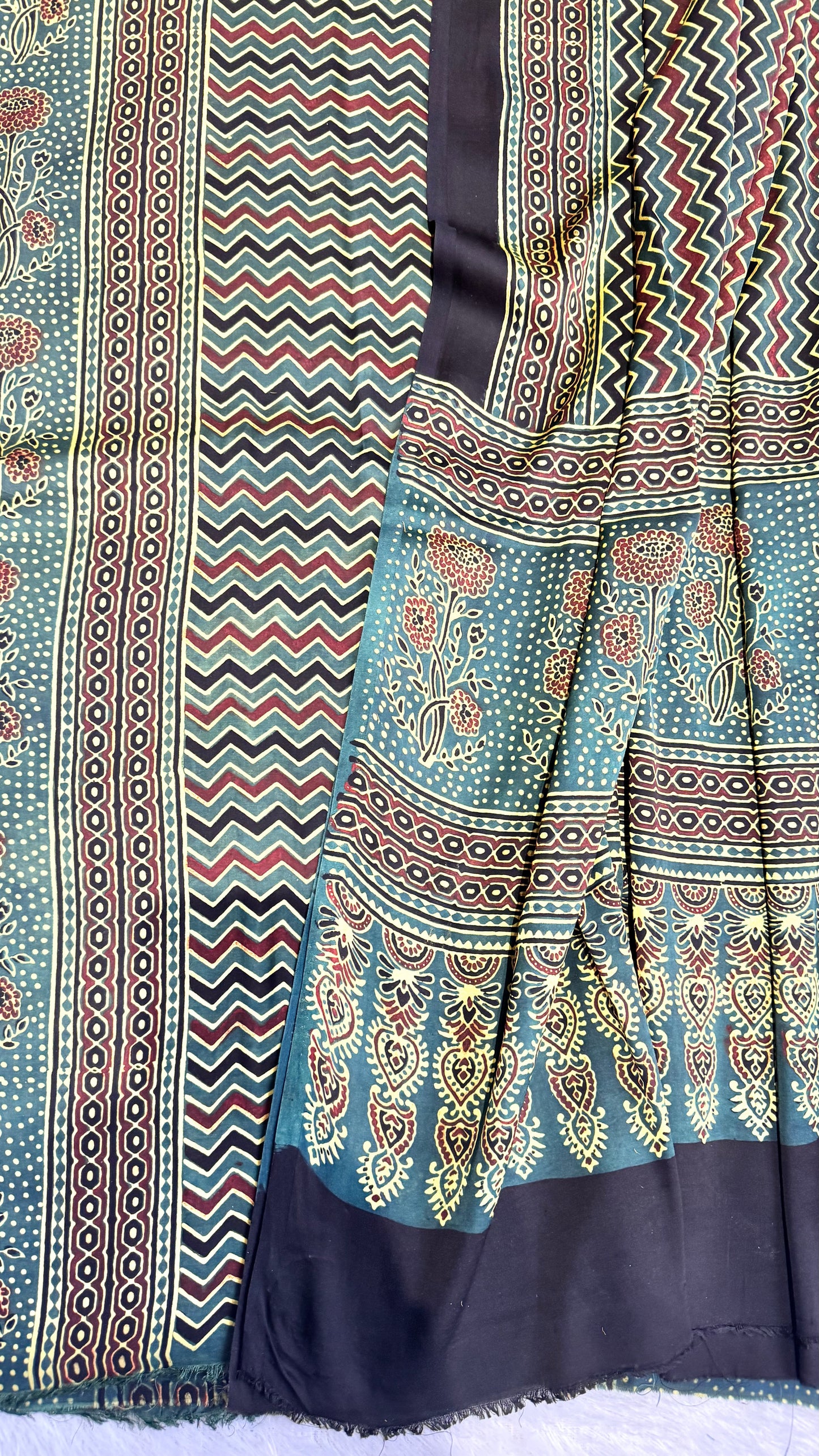 Gracious Green Dhaari and Boota Motif Modal Silk Ajrakh Natural Dyed Hand Block 2pc Suit Set