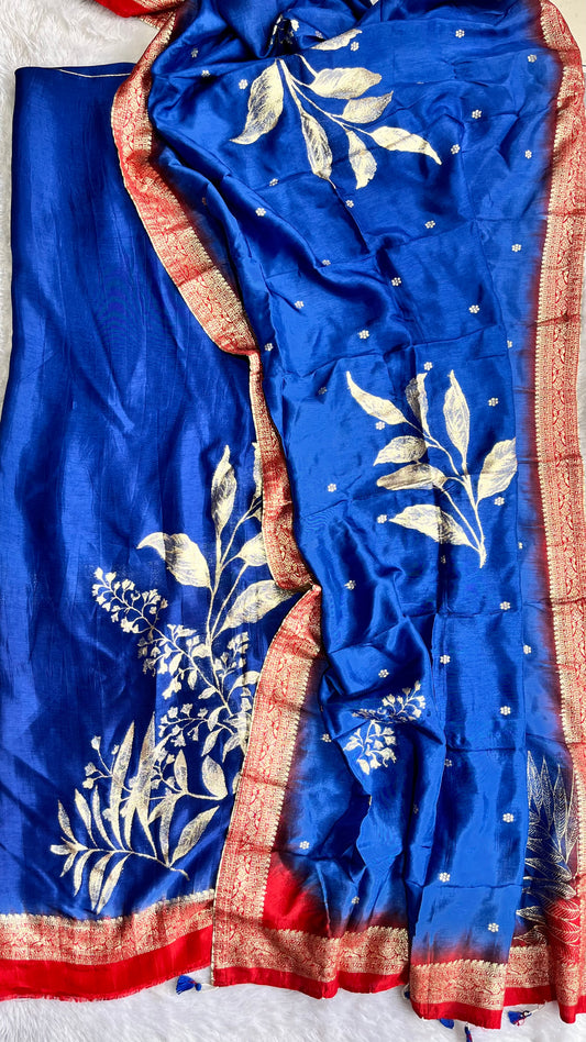 Etheral Blue Dola Silk Hand Brush Print 2pc Suit Material Set with Zari Pallu and Full Finish with Tassels