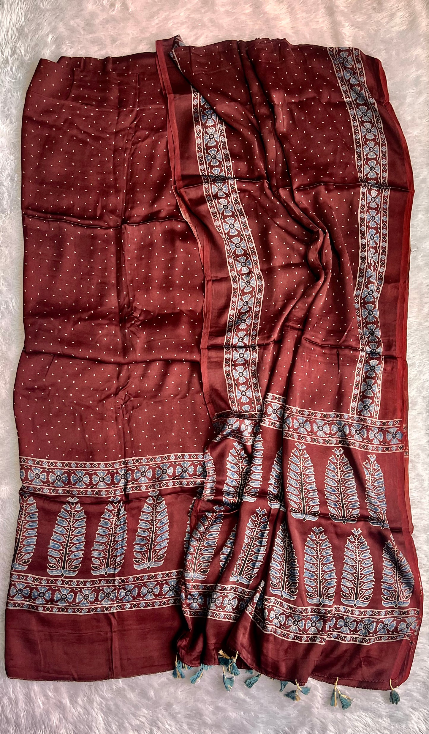 Warm Caramel Polka and Asopallav Motif Ajrakh Hand Block Print Chanderi Silk Suit Material