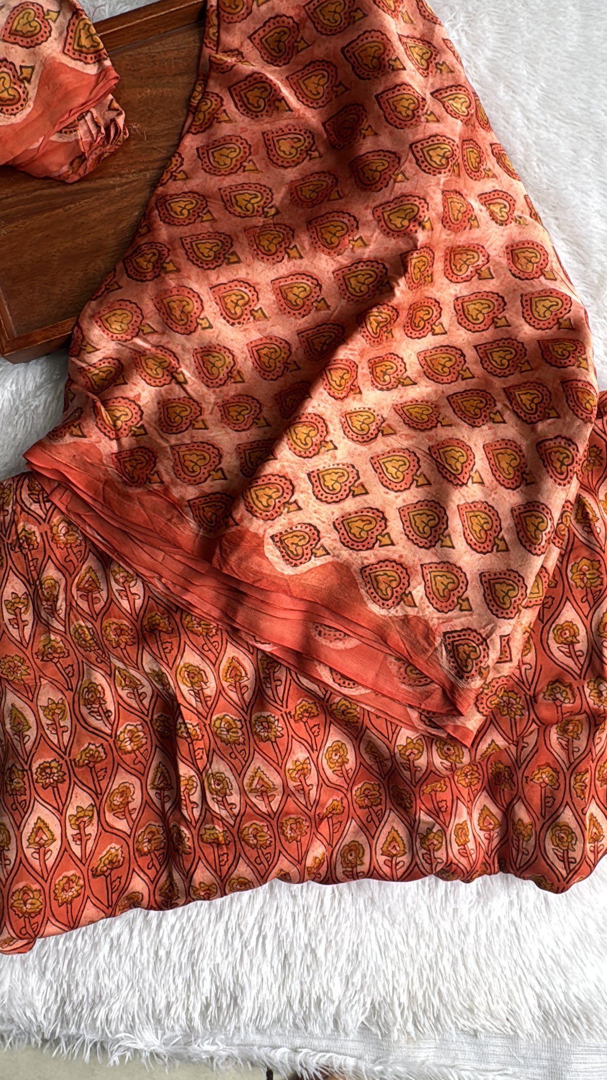 Brick Red Floral Buta Motif Vanaspati Handblocked Ajrakh Modal Silk Kurta Pant Fabric