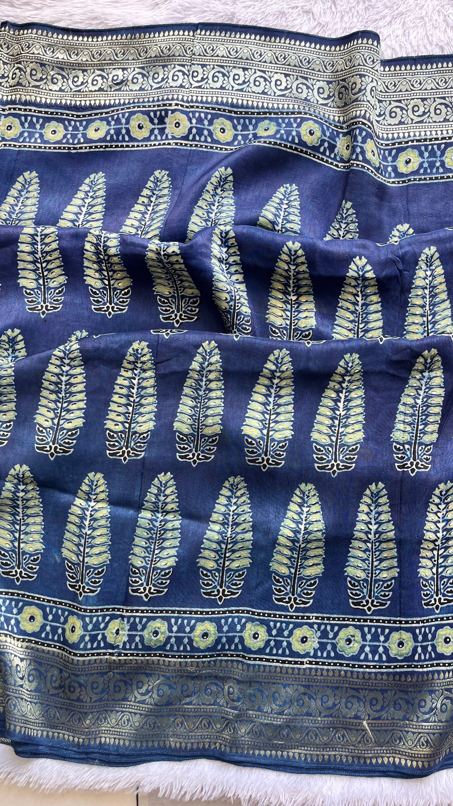 Indigo Asopallav Buta Motif Ajrakh Hand Block Dola Silk Saree with Zari Pallu (With Blouse)