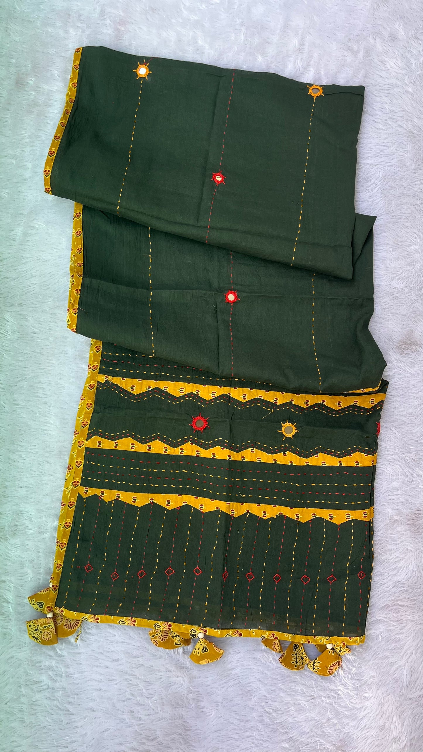 Green and Yellow Ajrakh Applique Patchwork Cotton Dupatta with Mirror Work