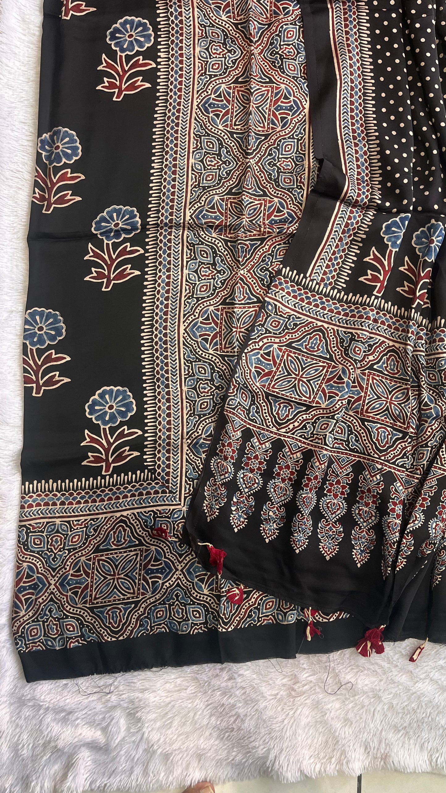 Black Phool Buta Print Modal Silk Ajrakh Natural Dyed Hand Block Print 2pc Suit Material Set