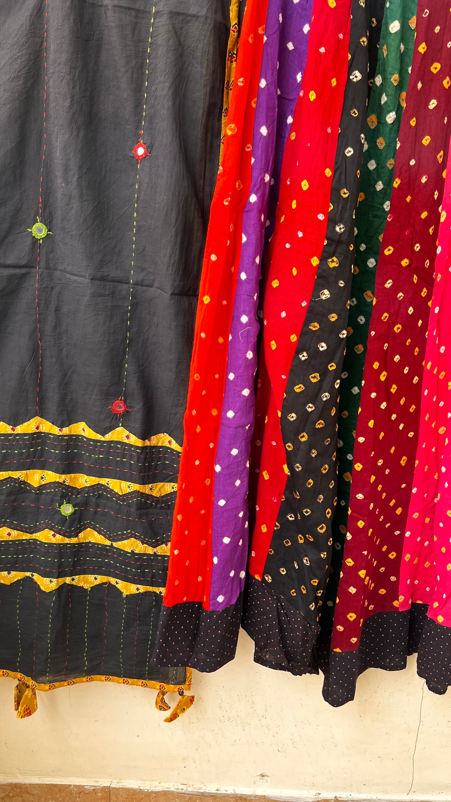 Multicolour Gherdaar Kali Cotton Long Flared Skirt with Black Applique Patchwork Dupatta
