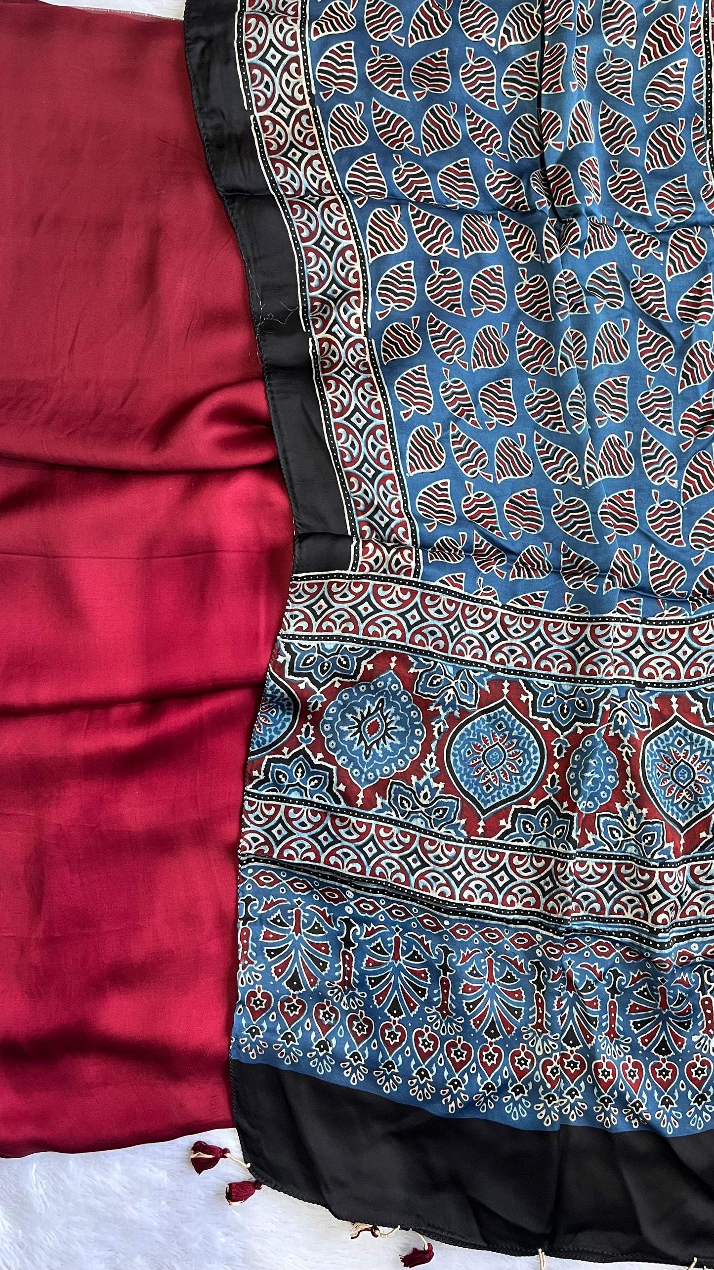 Maroon Solid Shade Modal Silk 2 pc Suit Set with Matching Blue Grid Buta Modal Silk Stole