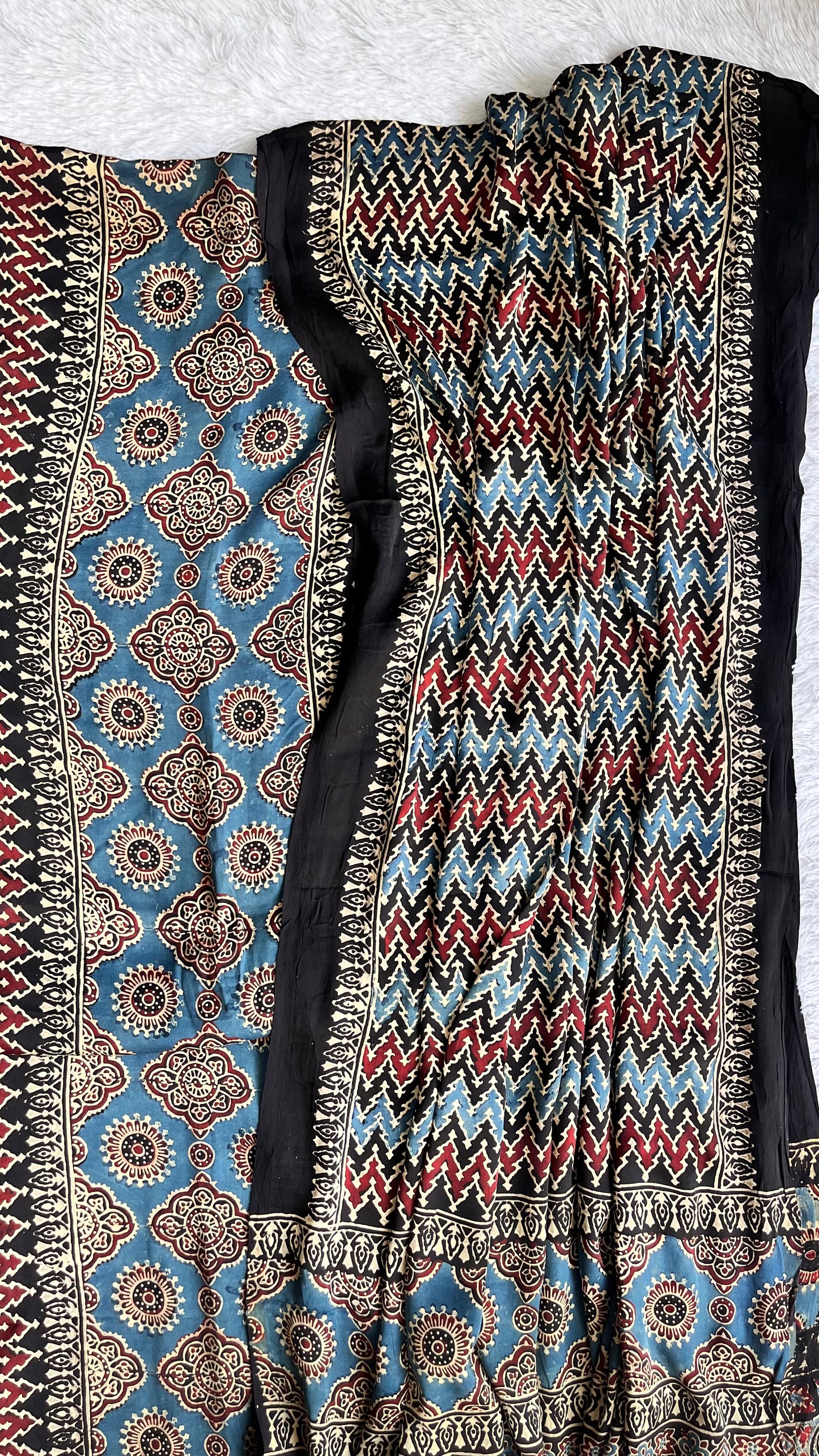 Black and Blue Zigzag Motif Ajrakh Hand Block Print Modal Silk 2 pc Suit Material Set