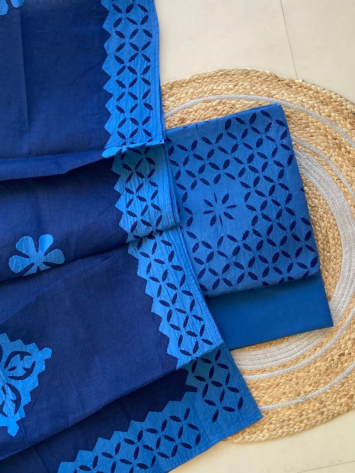 Ink Blue Barmer Applique Cut Work Cotton 3pc Suit Material Set
