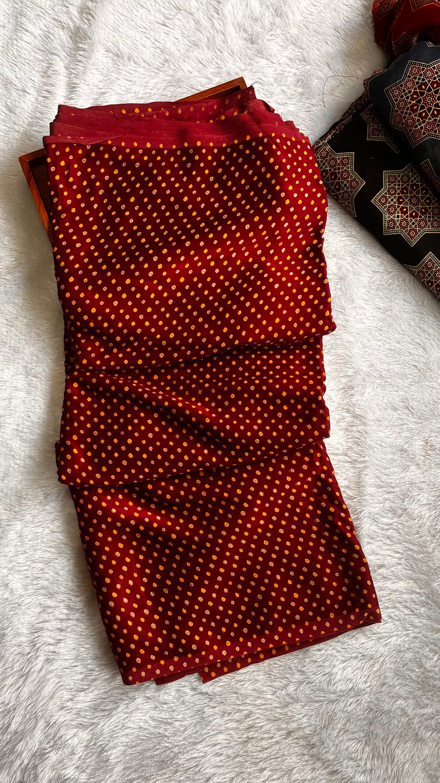 Maroon Dotted Motif Ajrakh Mashru Silk fabric