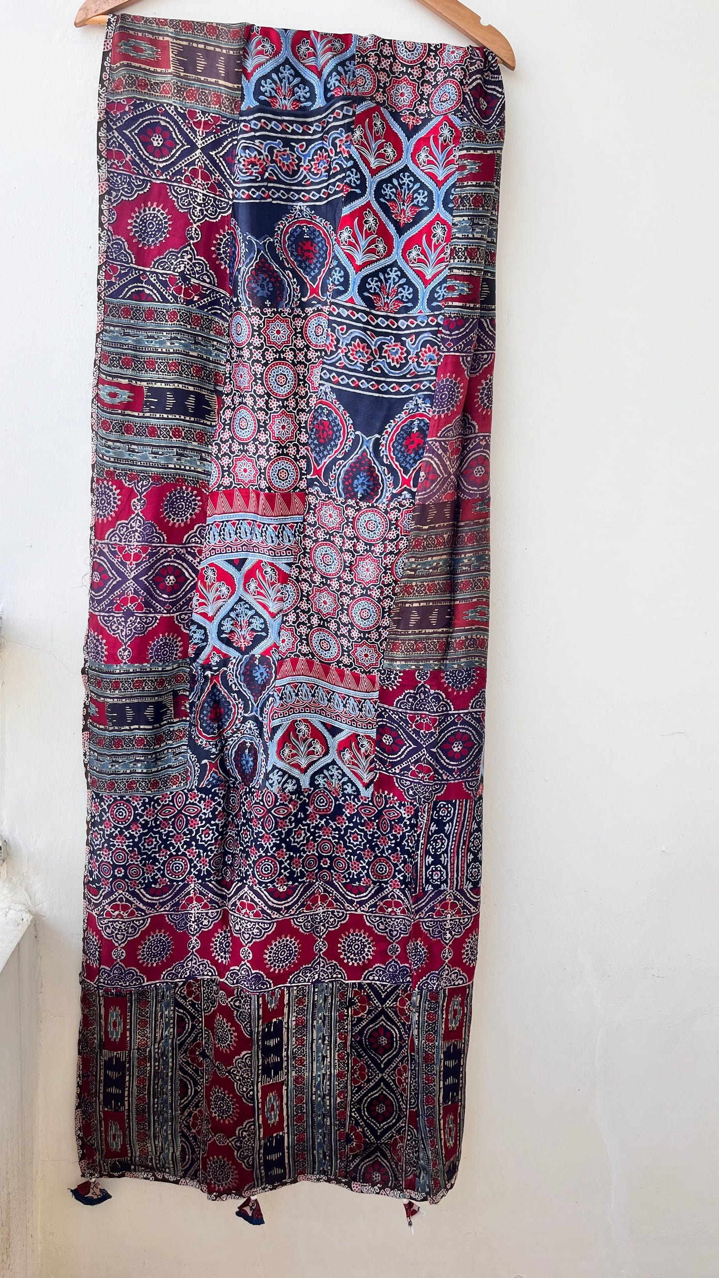 Deep Maroon Multicoloured Ajrakh Applique Patchwork Modal Silk Kantha Work Dupatta with Tassels and Mirror-work
