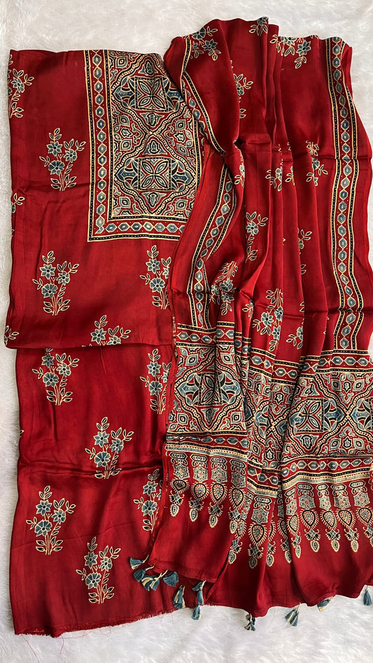 Deep Red Mugal Buta Print Modal Silk Ajrakh Natural Dyed Hand Block Print 2pc Suit Material Set