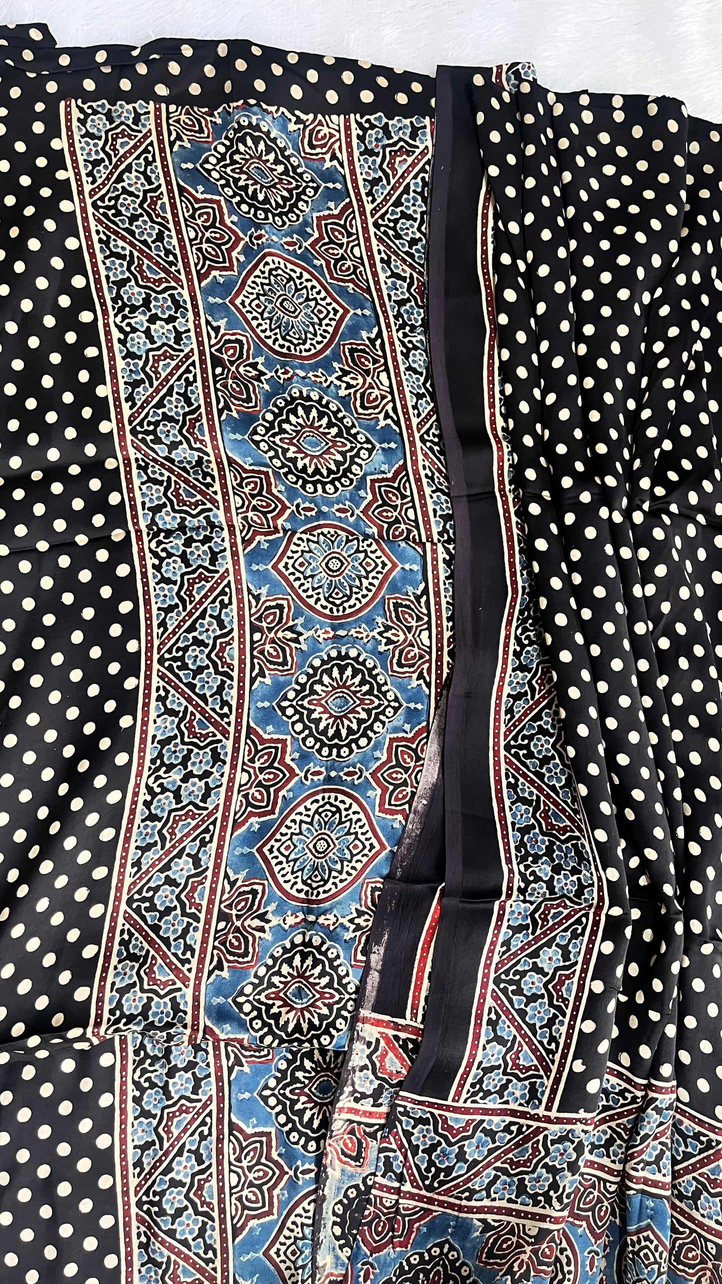 Black Badaam Buta and Polka Print Modal Silk Ajrakh Natural Dyed Hand Block Print 2pc Suit Material Set