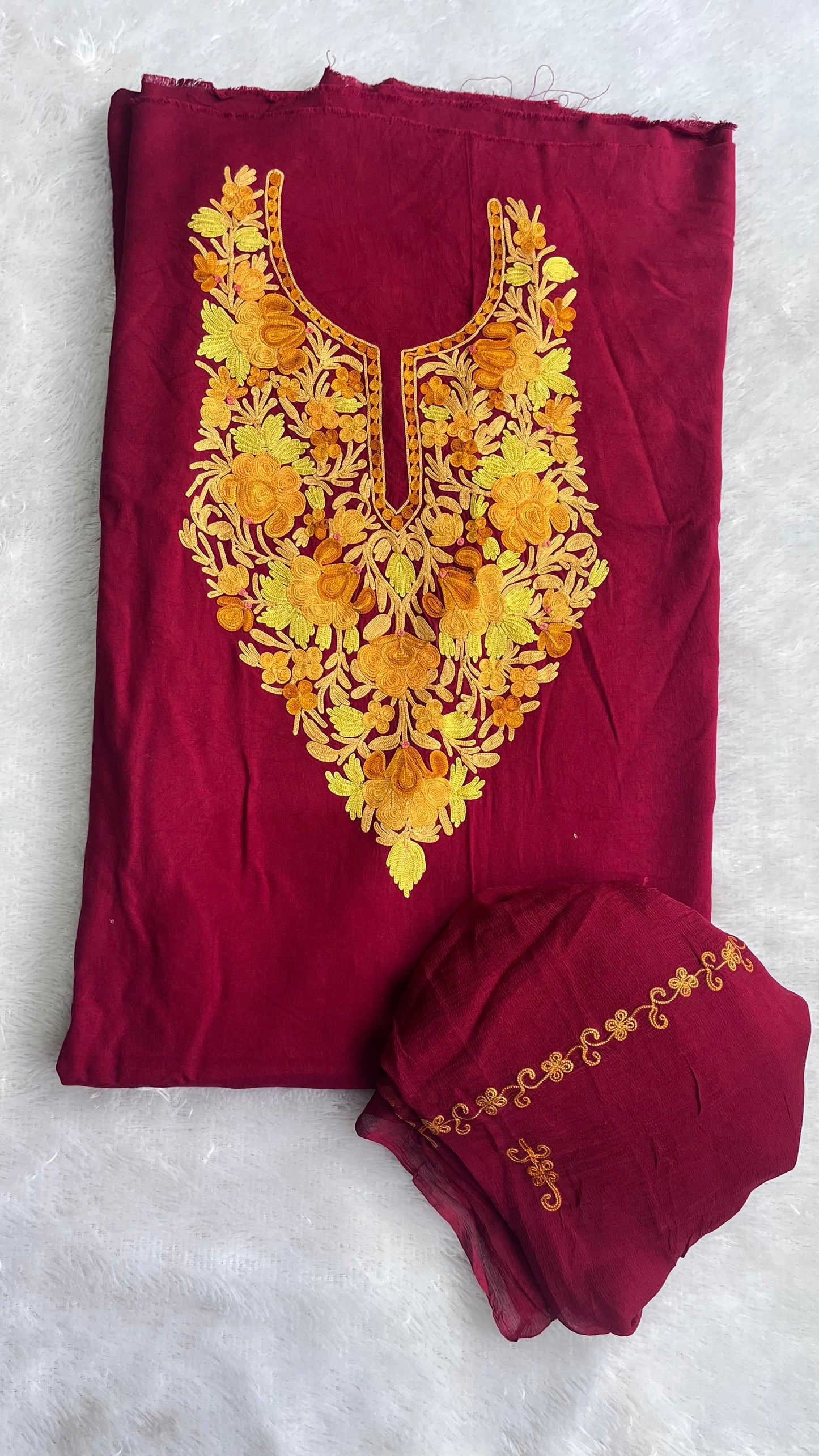 Deep Maroon with Mustard Muslin Cotton Kashmiri Aari Embroidered 3pc Suit Set