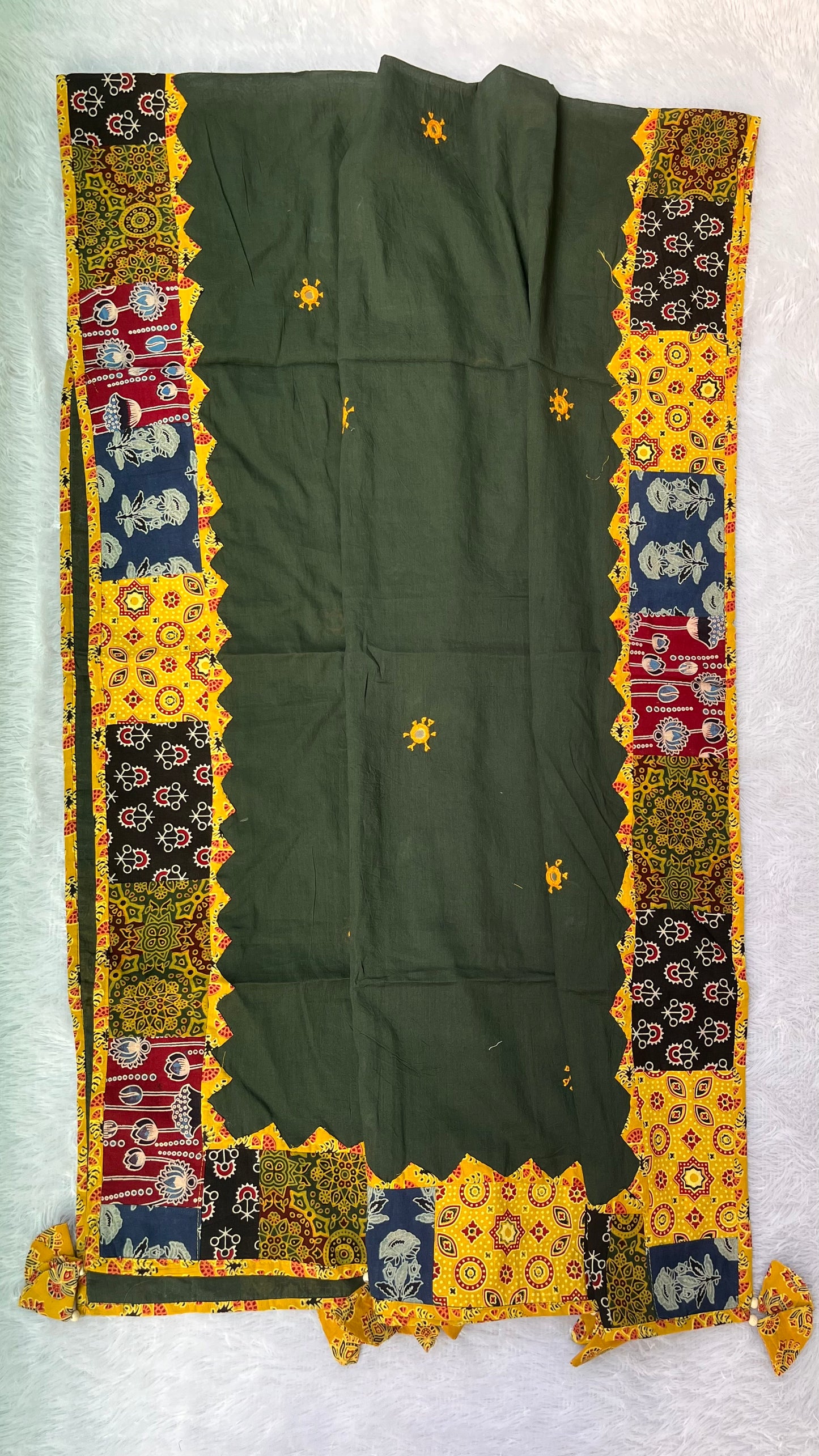 Bottle Green Ajrakh Applique Patchwork Border Cotton Dupatta with Mirror Work