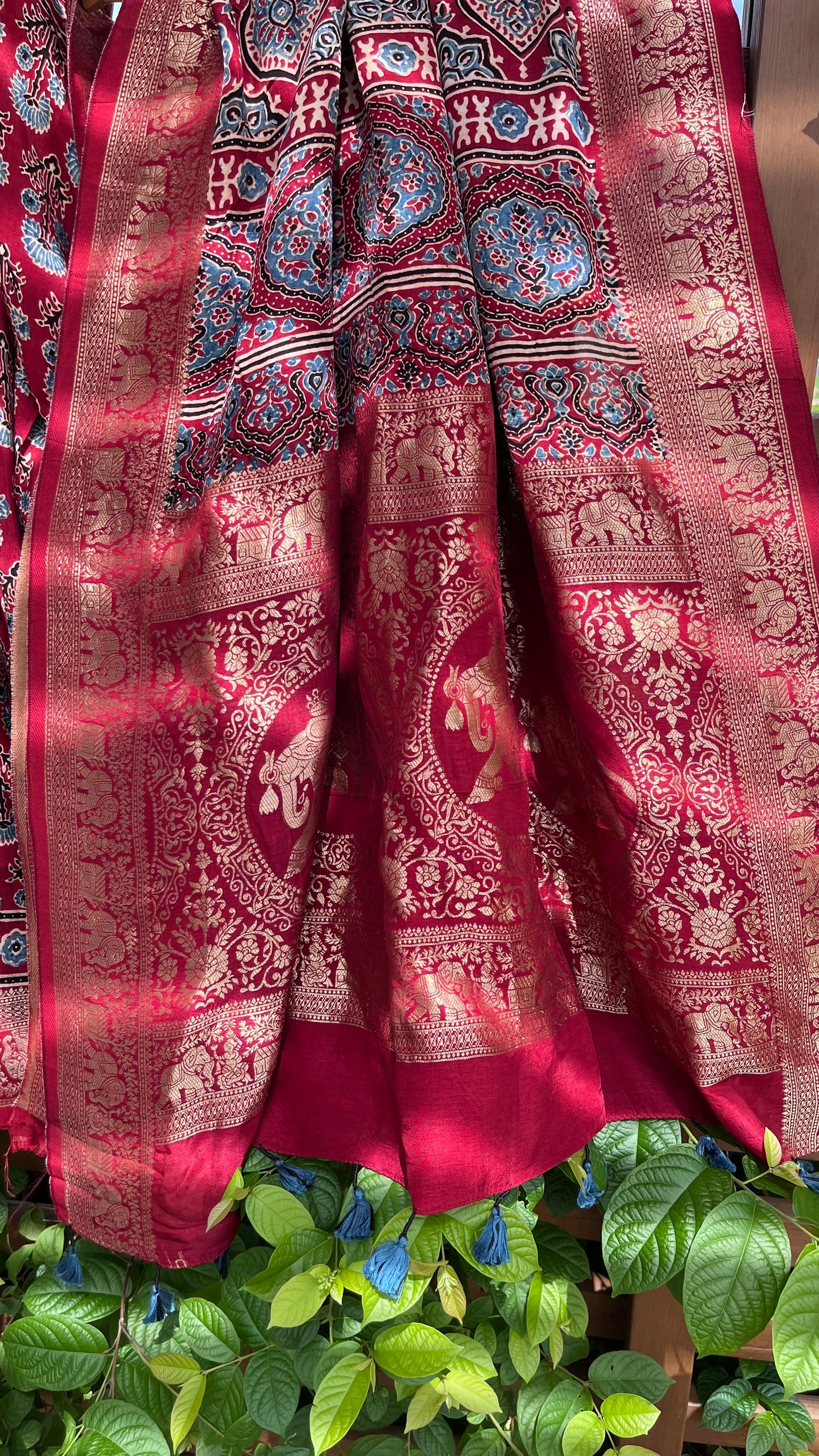 Red Asopallav Buta Motif Ajrakh Hand Block Dola Silk Saree with Zari Pallu (With Blouse)