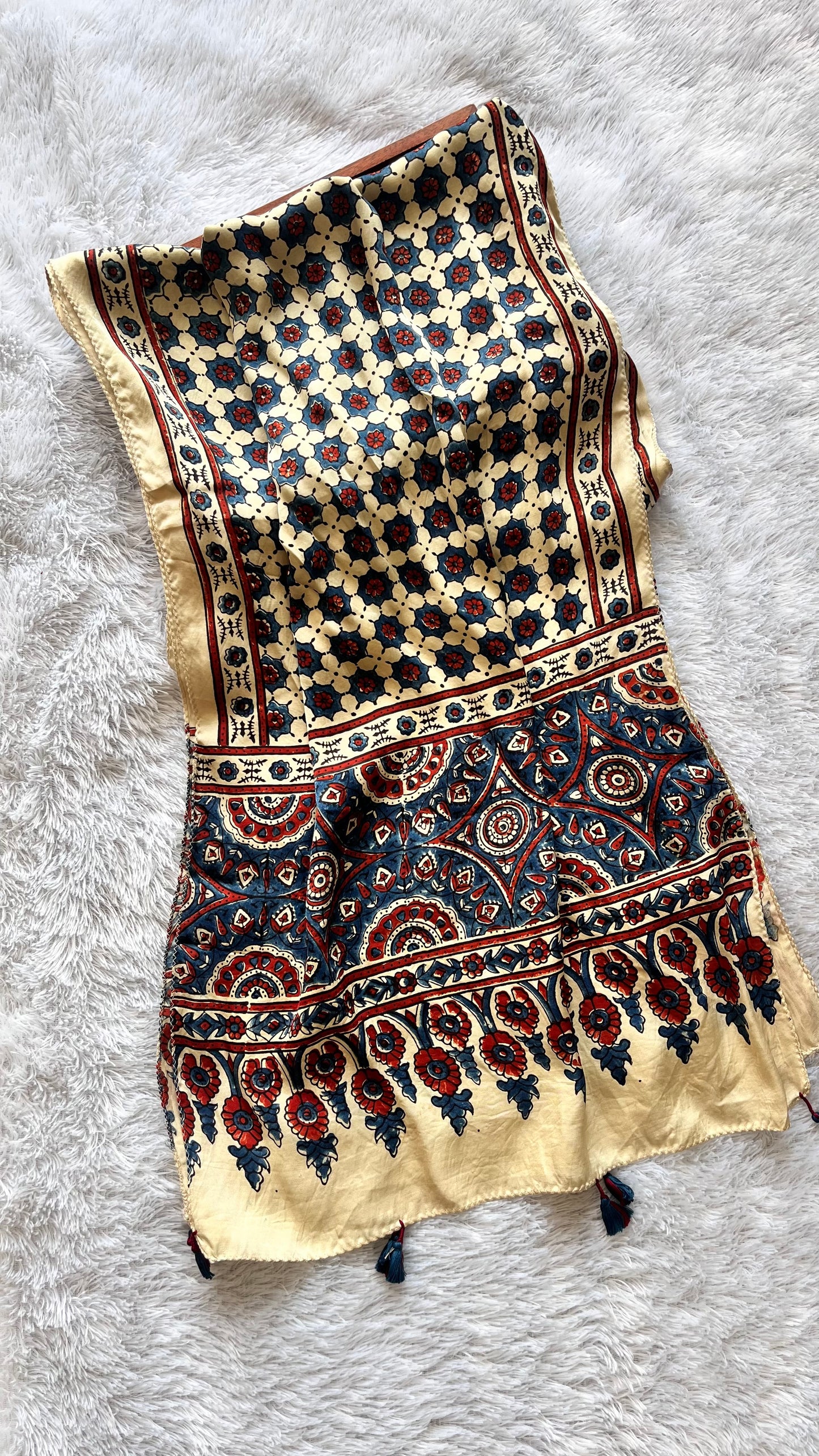 Off White Choti Booti Motif Ajrakh Hand Block Print Modal Silk Stole with Tassels