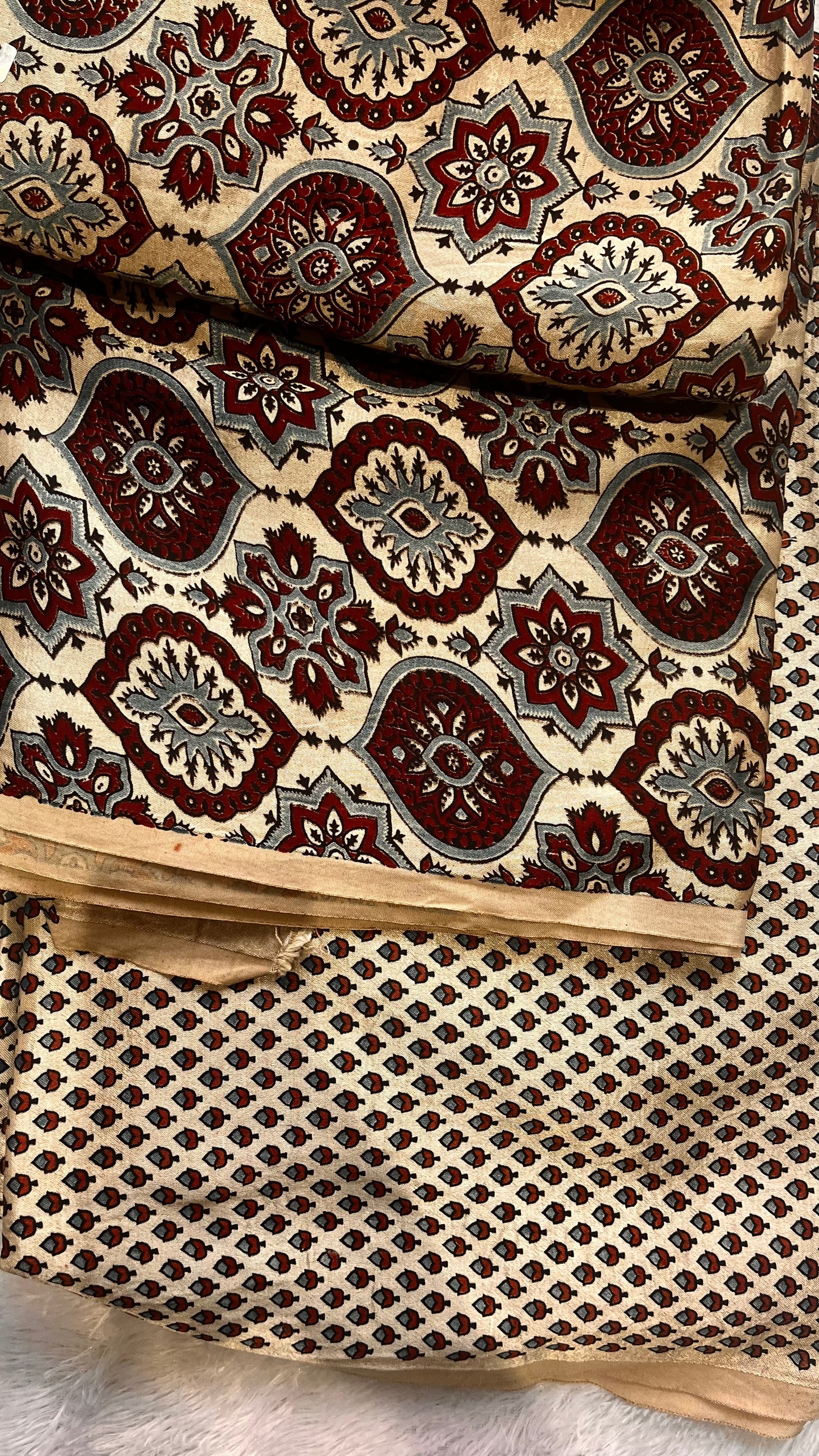 Maroon and Ivory Badaam Motif and Asopallav Ajrakh Mashru Silk Kurta Pant Fabric