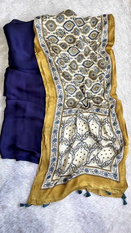 Blue Solid Shade Modal Silk 2 pc Suit Set with Matching Badaam Buta Modal Silk Stole