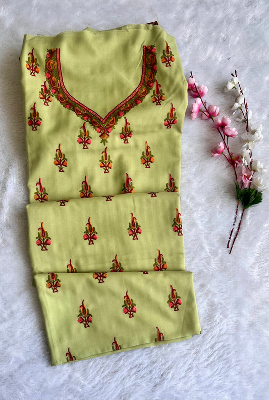 Pista Green Shade Pure Cotton Kashmiri Aari Embroidered Co Ord 2 pc Set